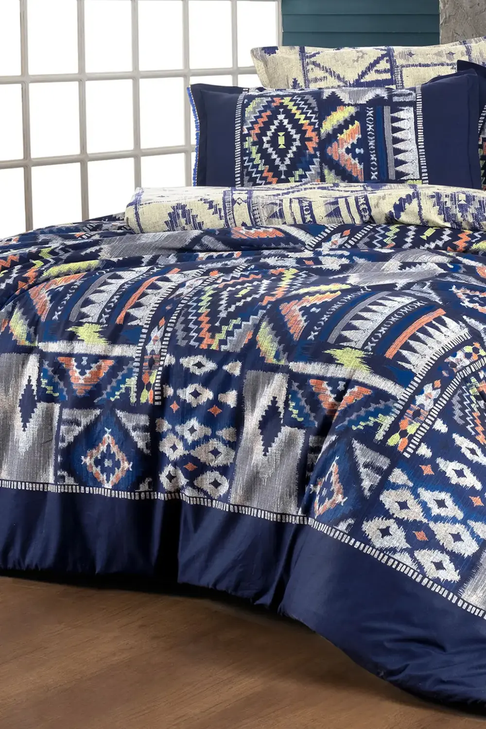 Sarev Gilya Mavi King Size (Battal Boy) %100 Pamuk Poplin Yıkamalı Çift