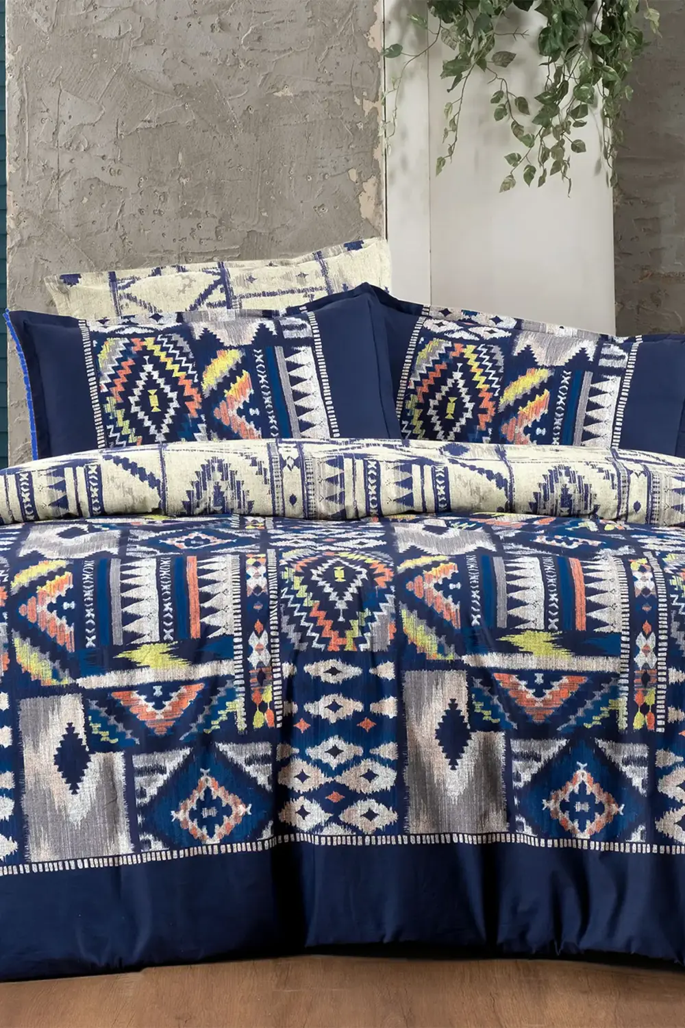 Sarev Gilya Mavi King Size (Battal Boy) %100 Pamuk Poplin Yıkamalı Çift