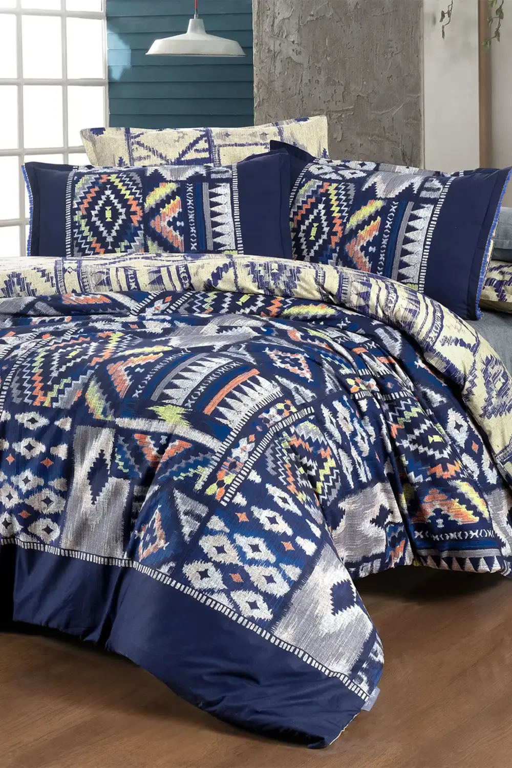 Sarev Gilya Mavi King Size (Battal Boy) %100 Pamuk Poplin Yıkamalı Çift