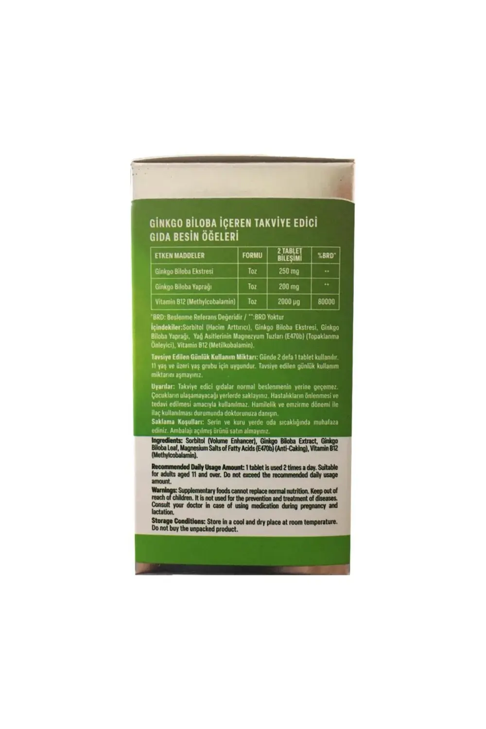 Ginkgo Biloba ve B12 İçeren Takviye 1100 mg 60 Tablet