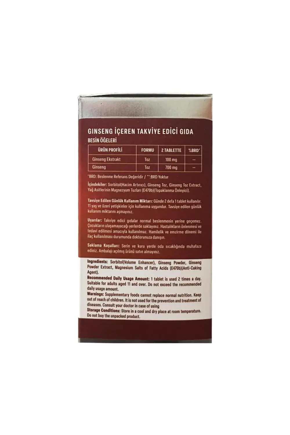 Ginseng İçeren Takviye Edici Gıda 1000 mg 60 Tablet