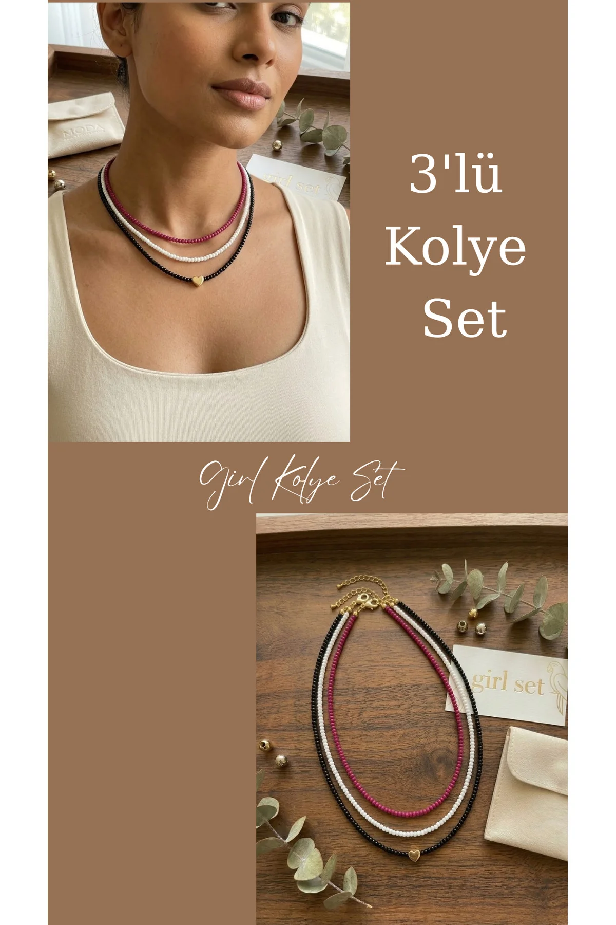 Girl 3'lü Cam Gold Kalp Detay Boncuk Kolye Seti (Siyah,Pembe,Beyaz)