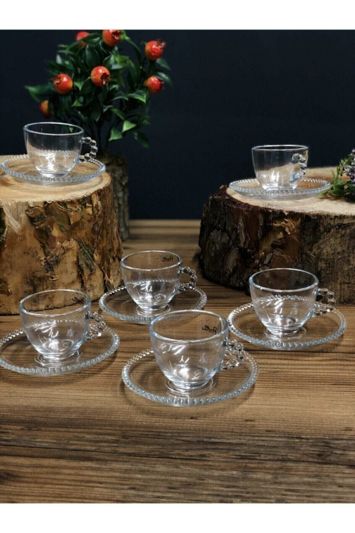 Anadolu Avm Girona 6'Lı Kulplu Boncuk Detaylı Cam Çay & Nescafe Fincanı