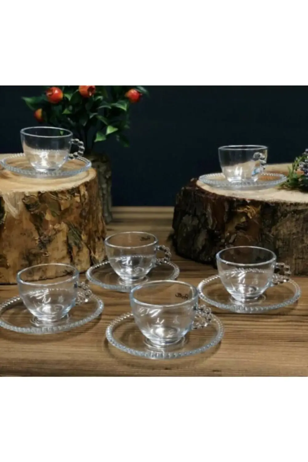 Girona 6'lı Kulplu Boncuk Detaylı Cam Çay & Nescafe Fincanı