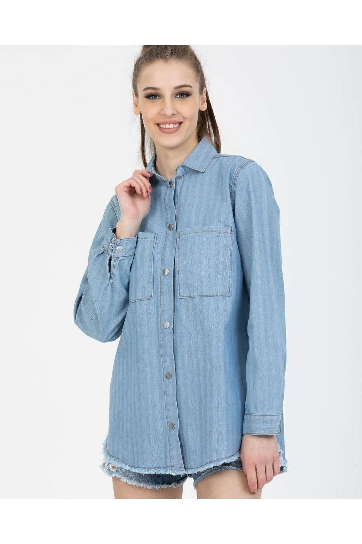 Pasakli Giyim Buz Mavi Kadın Denim Kot Gömlek Püskül Detaylı Çıtçıtlı İki