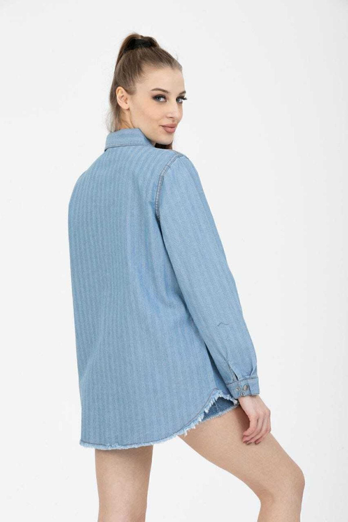 Pasakli Giyim Buz Mavi Kadın Denim Kot Gömlek Püskül Detaylı Çıtçıtlı İki