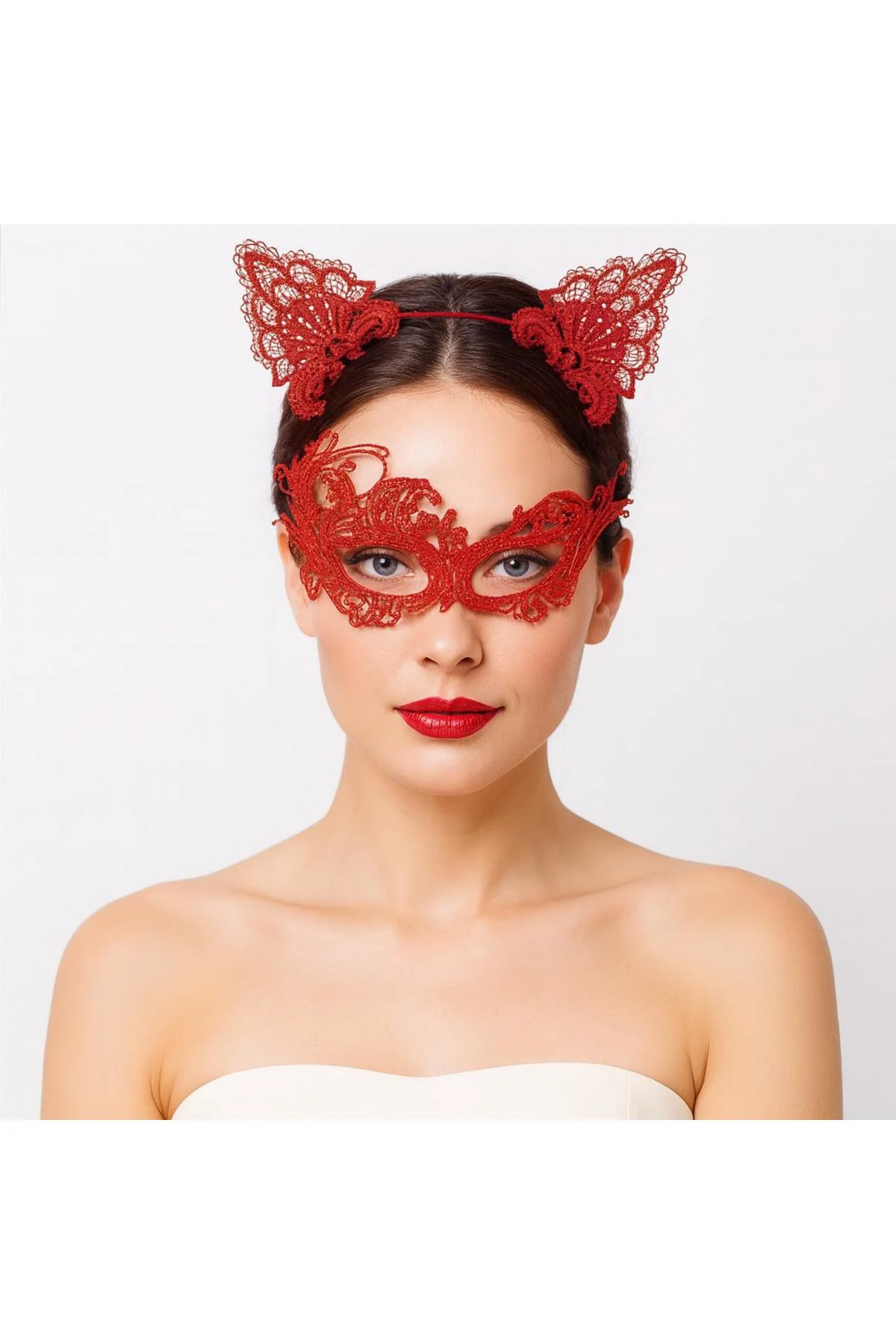 Gizemli Kırmızı Dantel Maske ve Taç Seti 1 No - Kostüm Seti