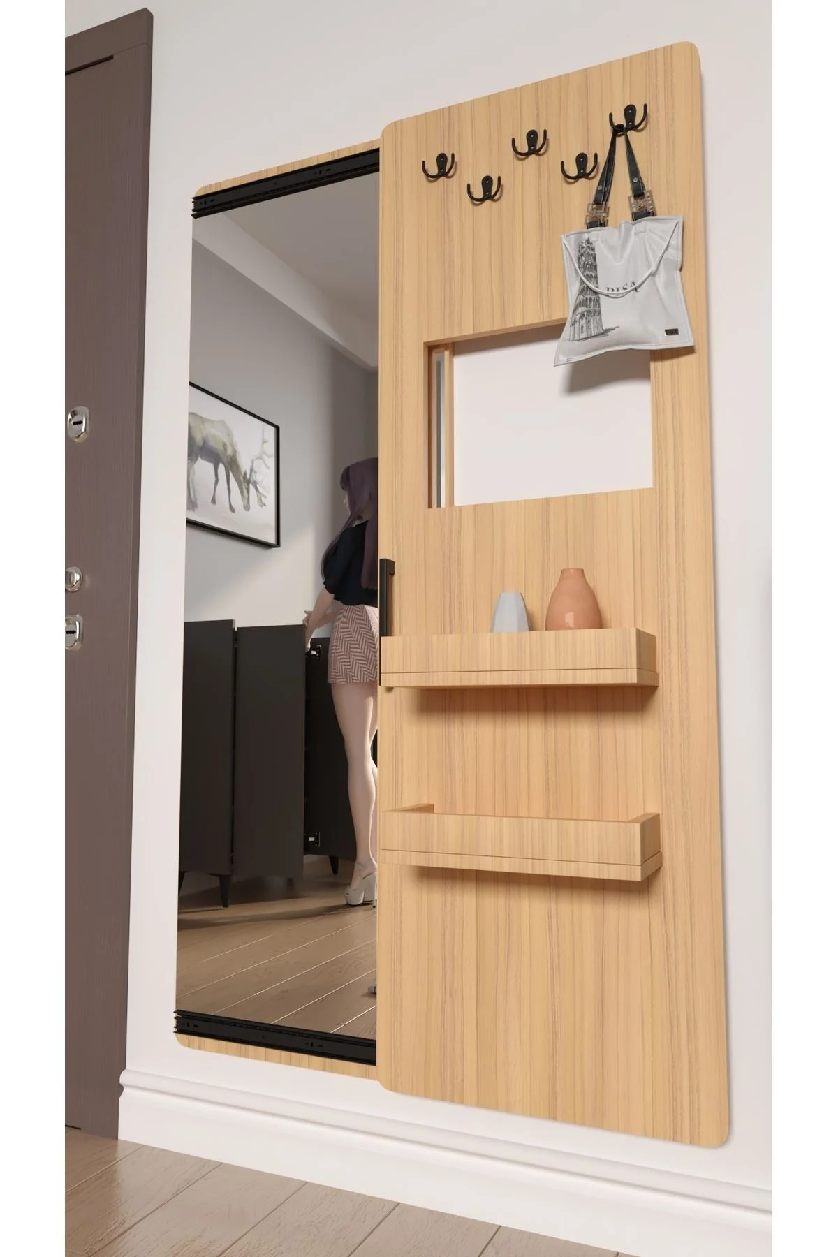 Gizli Boy Aynası, Dekoratif Vestiyer, Modern Askılık, Sürgülü Kap