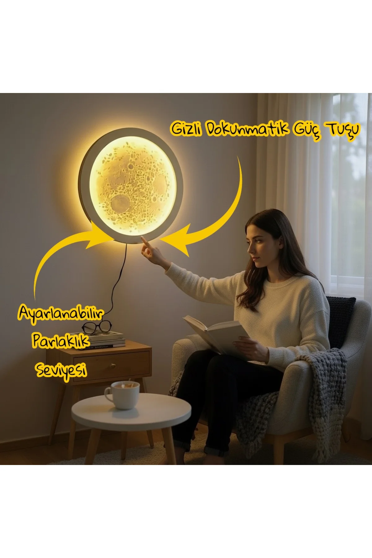 Gizli Dokunmatik Tuşlu 3 Boyutlu Ay Yüzeyi Desenli Dekoratif Duva