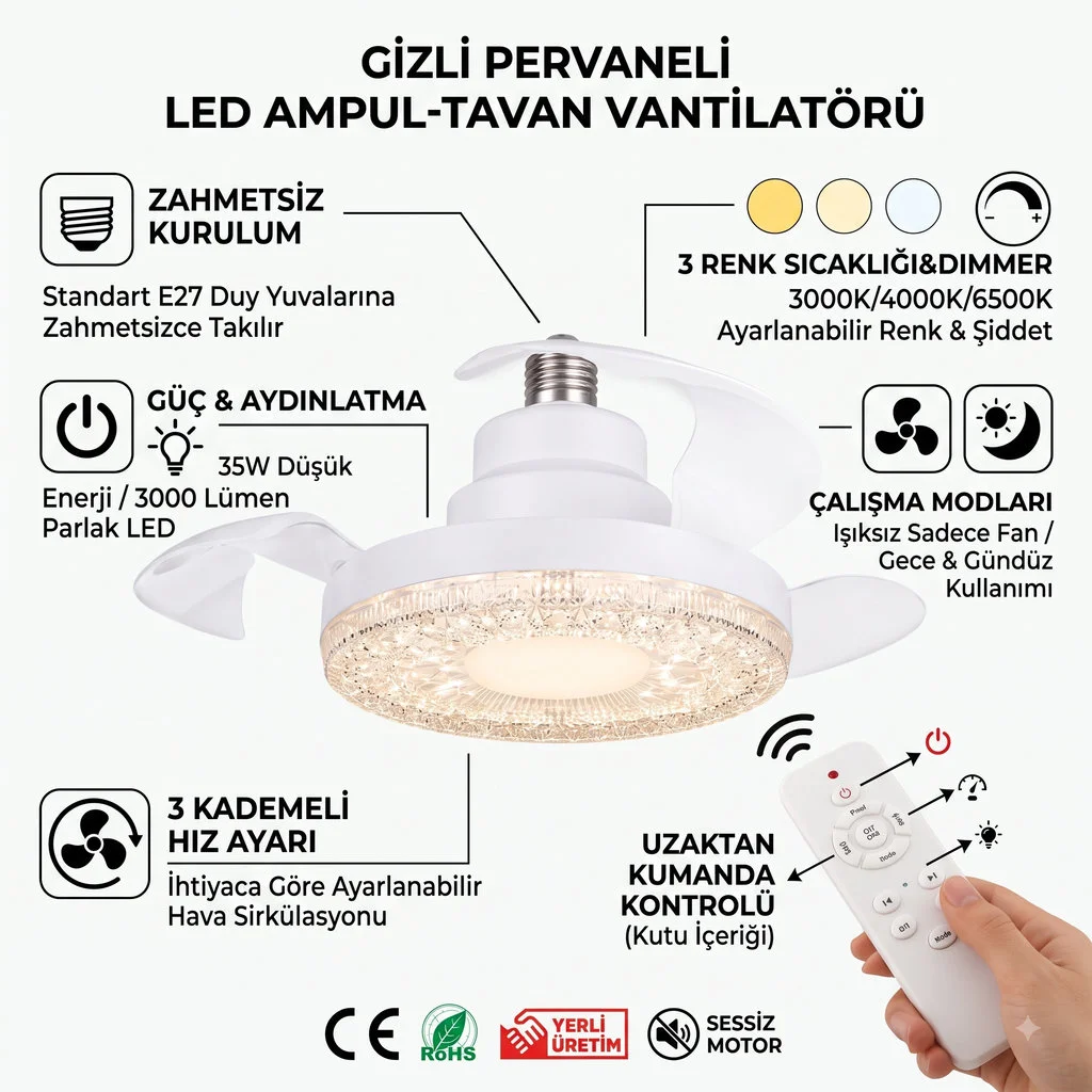 Gizli Pervaneli LED Ampul-Tavan Vantilatörü HV501 Fiyatı, Yorumları ve Özellikleri