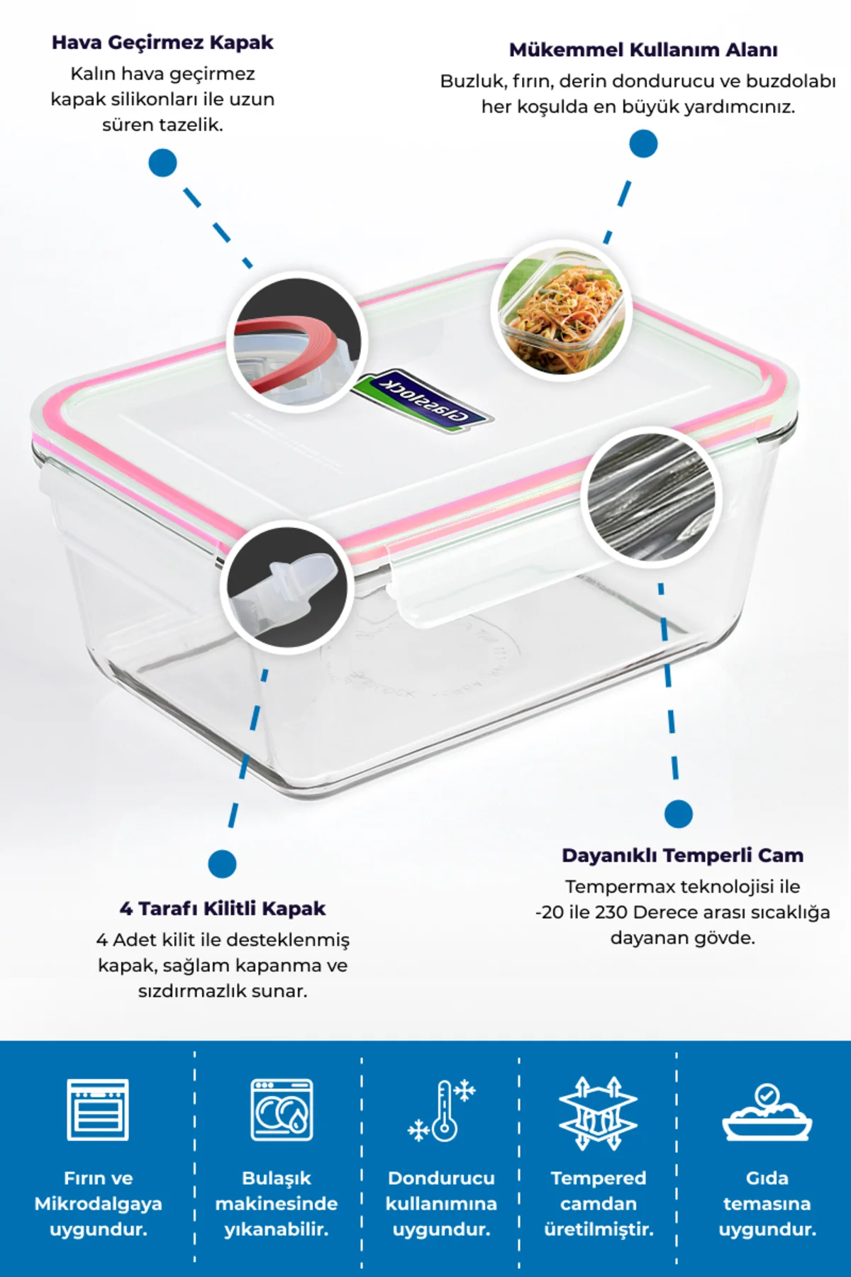 Glasslock Konik Dikdörtgen Cam Saklama Kabı 1700 Ml