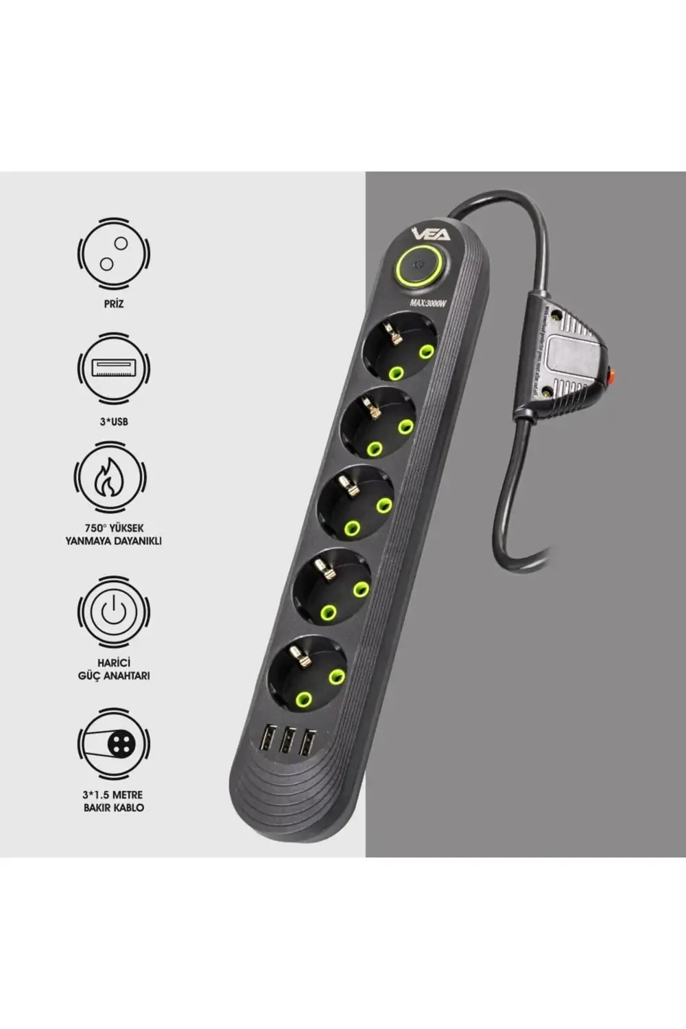 GLDRK 5'Lİ 1.5 METRE KABLOLU 3 USB'Lİ SİYAH AKIM KORUMALI PRİZ BA