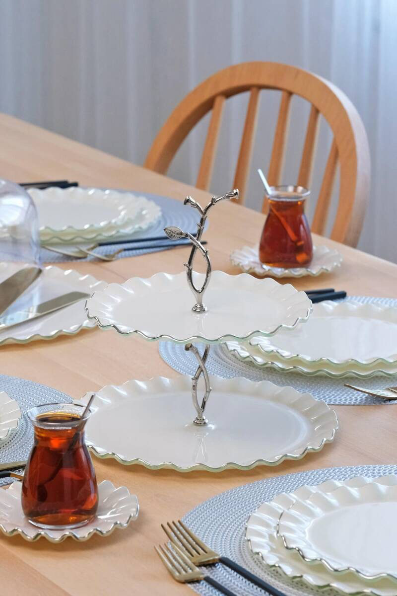 Glore  Solid Krem Wavy Platin Yaldızlı Cam Kurabiyelik 81447 