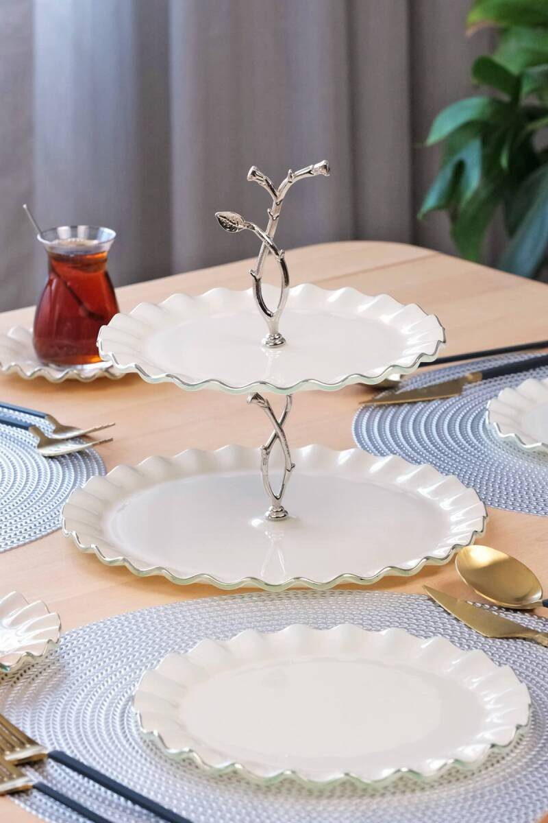 Glore  Solid Krem Wavy Platin Yaldızlı Cam Kurabiyelik 81447 