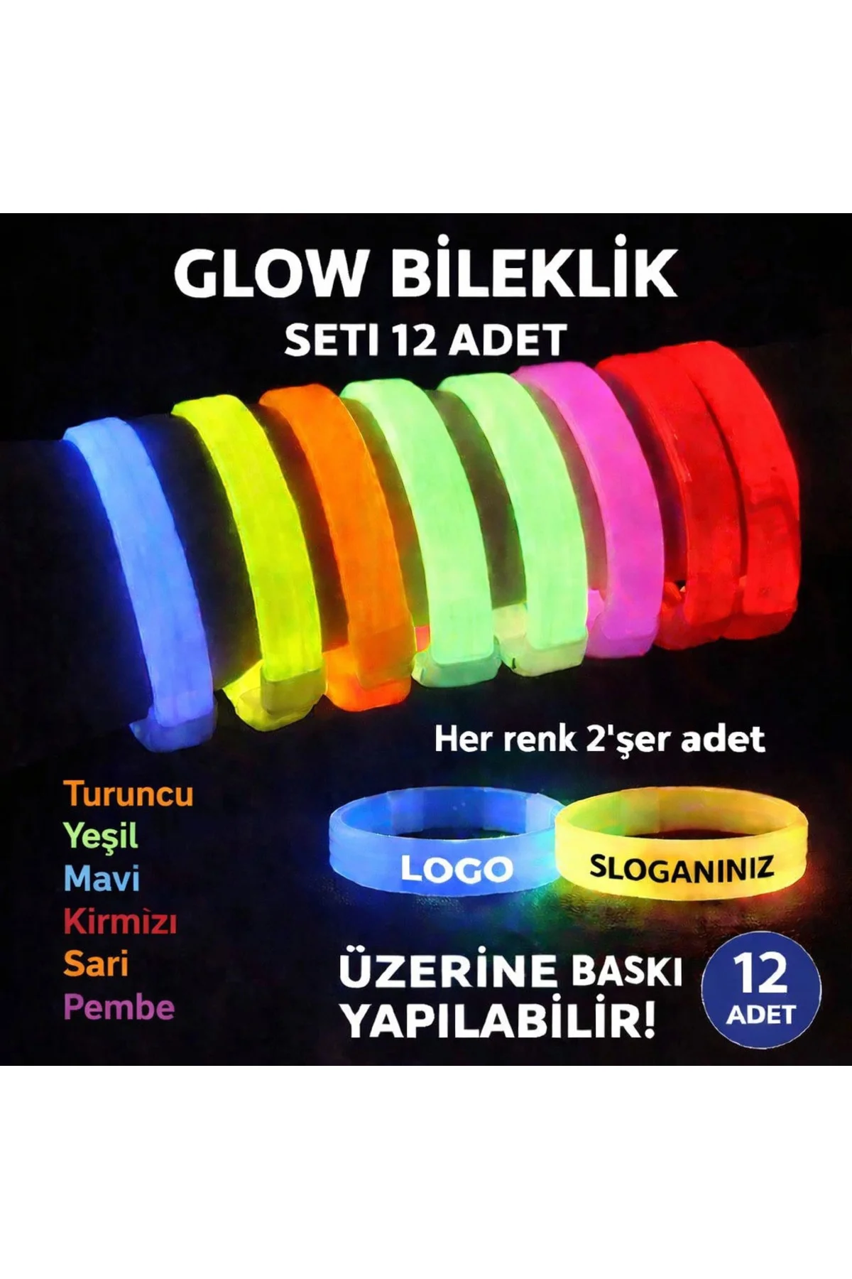 Glow Kalın Bileklik 12’li Set | Baskıya Uygun Renkli Model Glow Kalın Bileklik 12’li Set | Baskıya Uygun Renkli Model