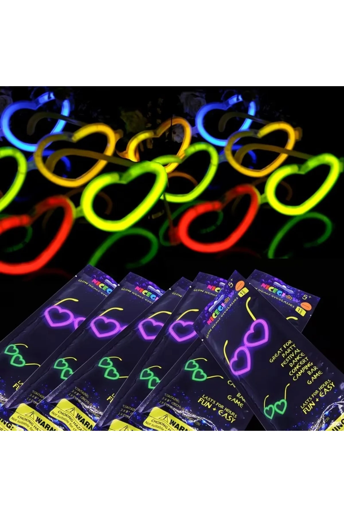 Glow Kalpli Fosforlu Gözlük 6’lı Renkli Set – Neon Parti