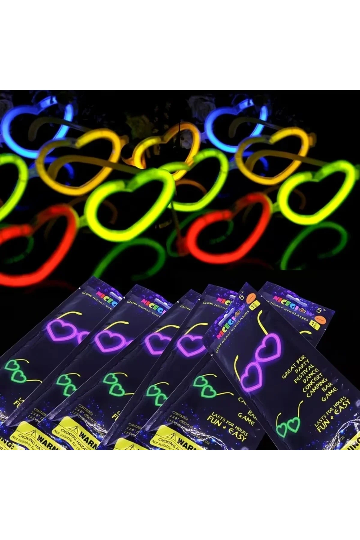 Glow Kalpli Fosforlu Gözlük 6’lı Renkli Set – Neon Parti
