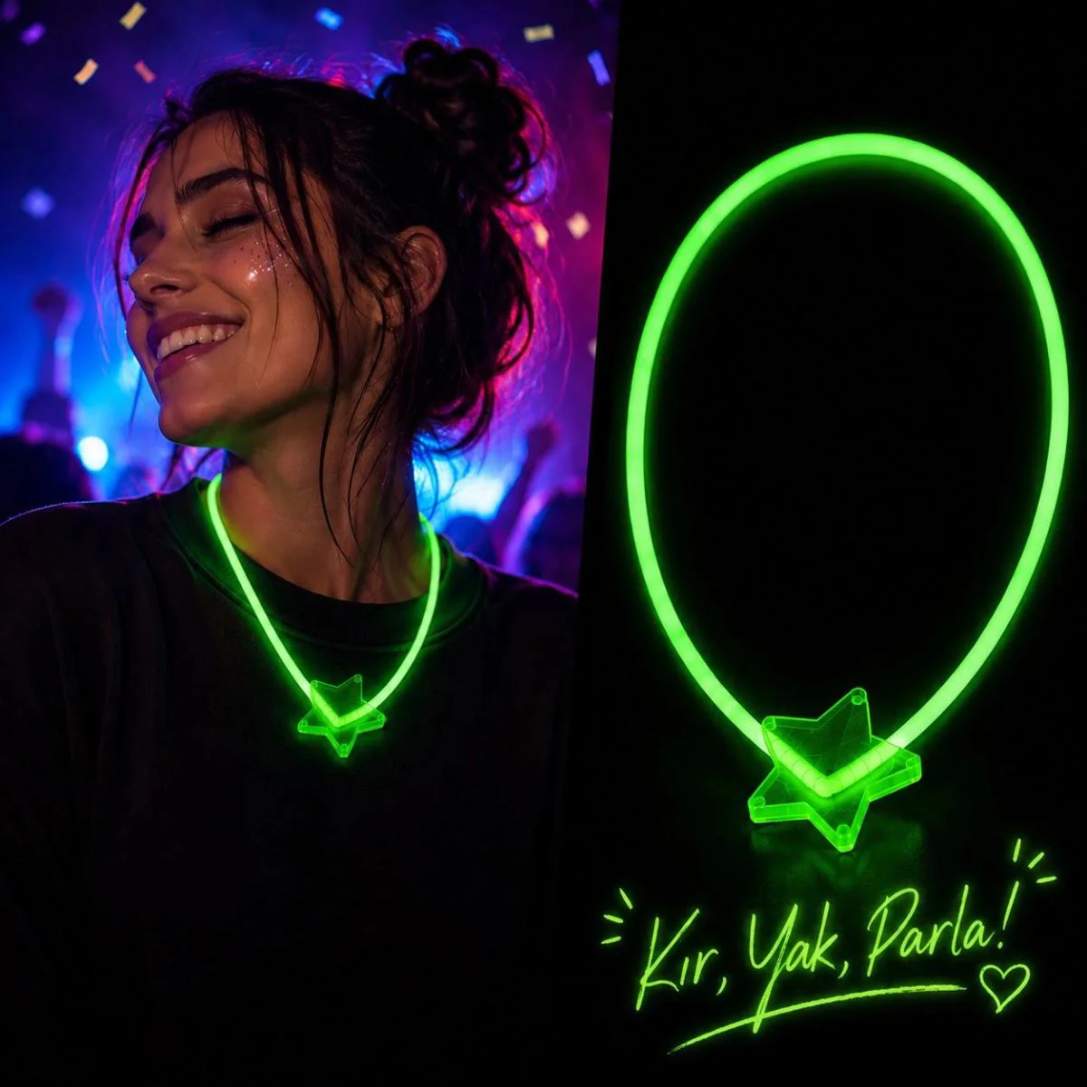 Glow Kolye Neon Fosforlu Işıklı Kolye - Yeşil Parti Kolyesi