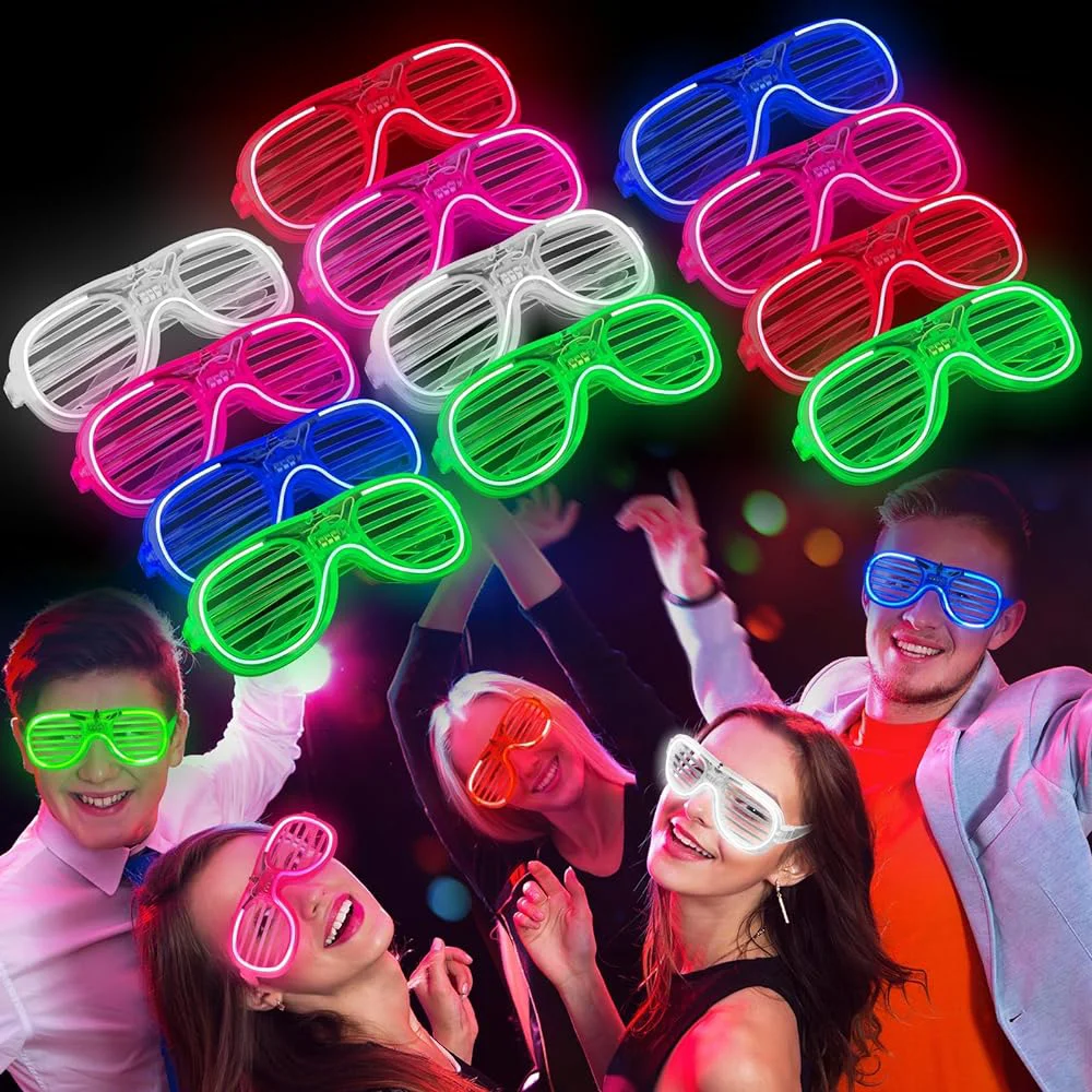 Glow Model 3 Işıklı Panjur Parti Gözlüğü - 12'li Karışık Renk Set, 3 Fonksiyonlu LED Parti Aksesuarı