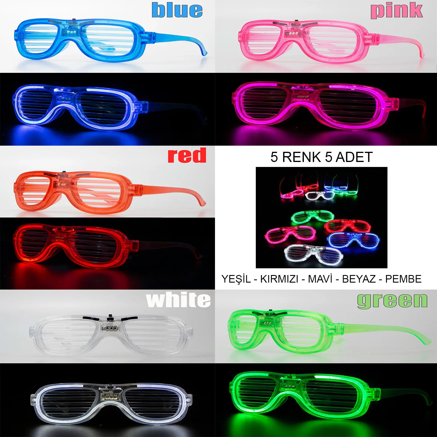 Glow Model LED Işıklı Parti Gözlüğü – 3 Modlu 5 Renk 5'li Set