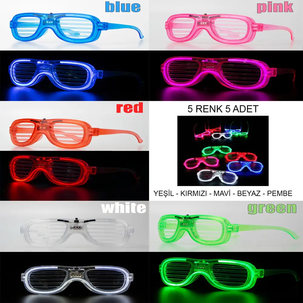 Glow Model Led Işıklı Parti Gözlüğü 3 Modlu 5 Renk 5 Adet (4741)