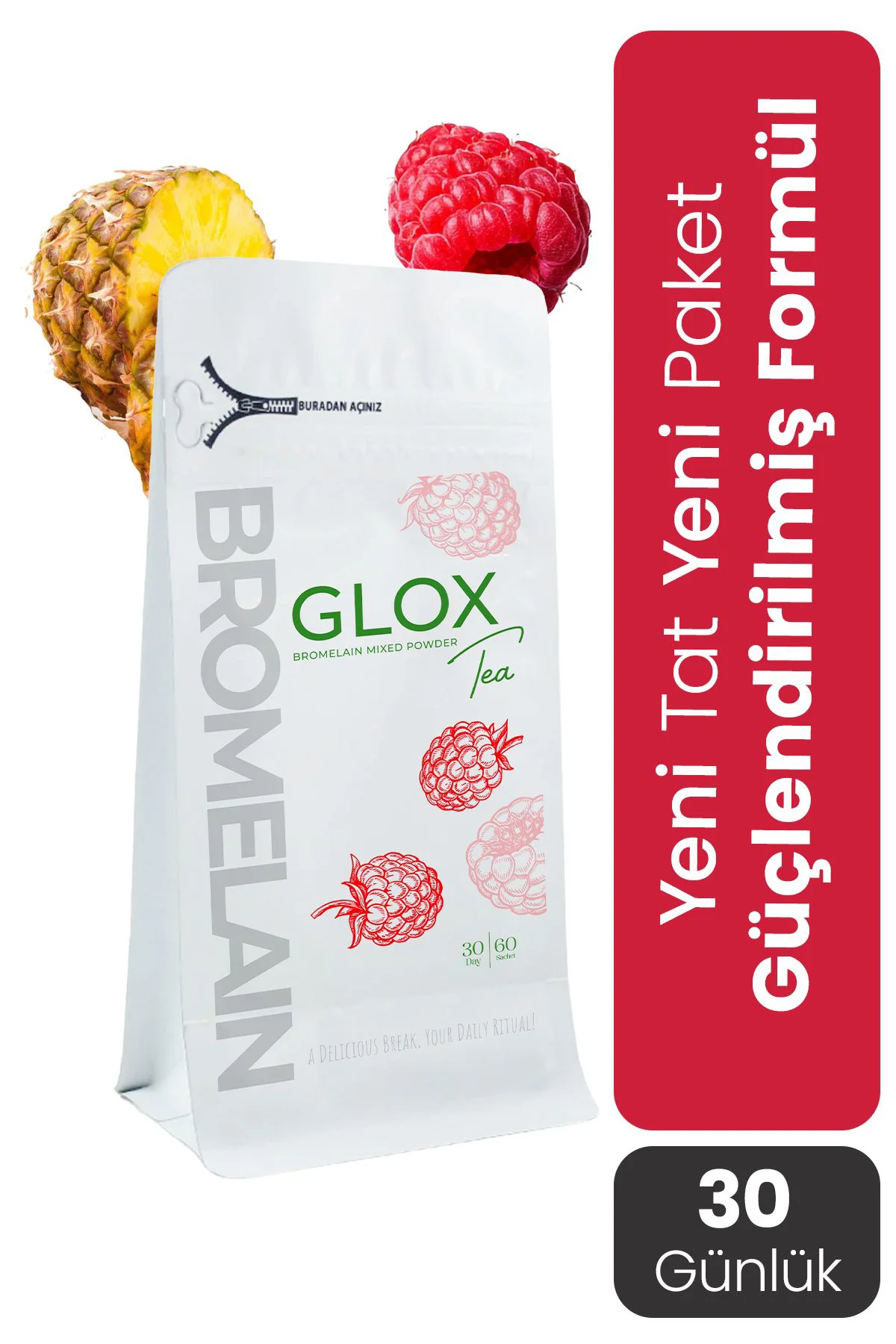Glox Tea Gloxtea bromelain yardımcı Bitkisel çay 60 şase 30 günlü
