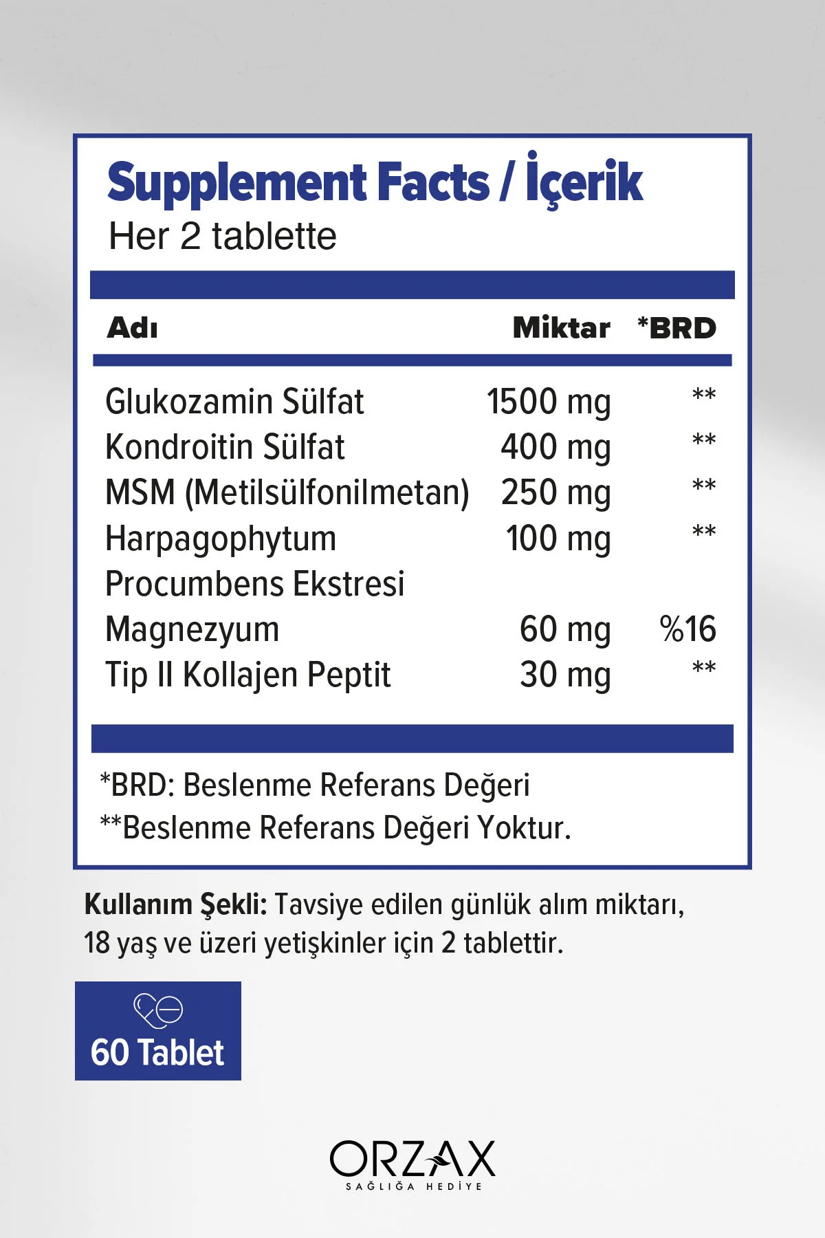 Glukozamin Kompleks (Glukozamin, Kondritin, Tip 2 Kolajen, Magnezyum, MSM, Şeytan Pençesi) 60 Tablet