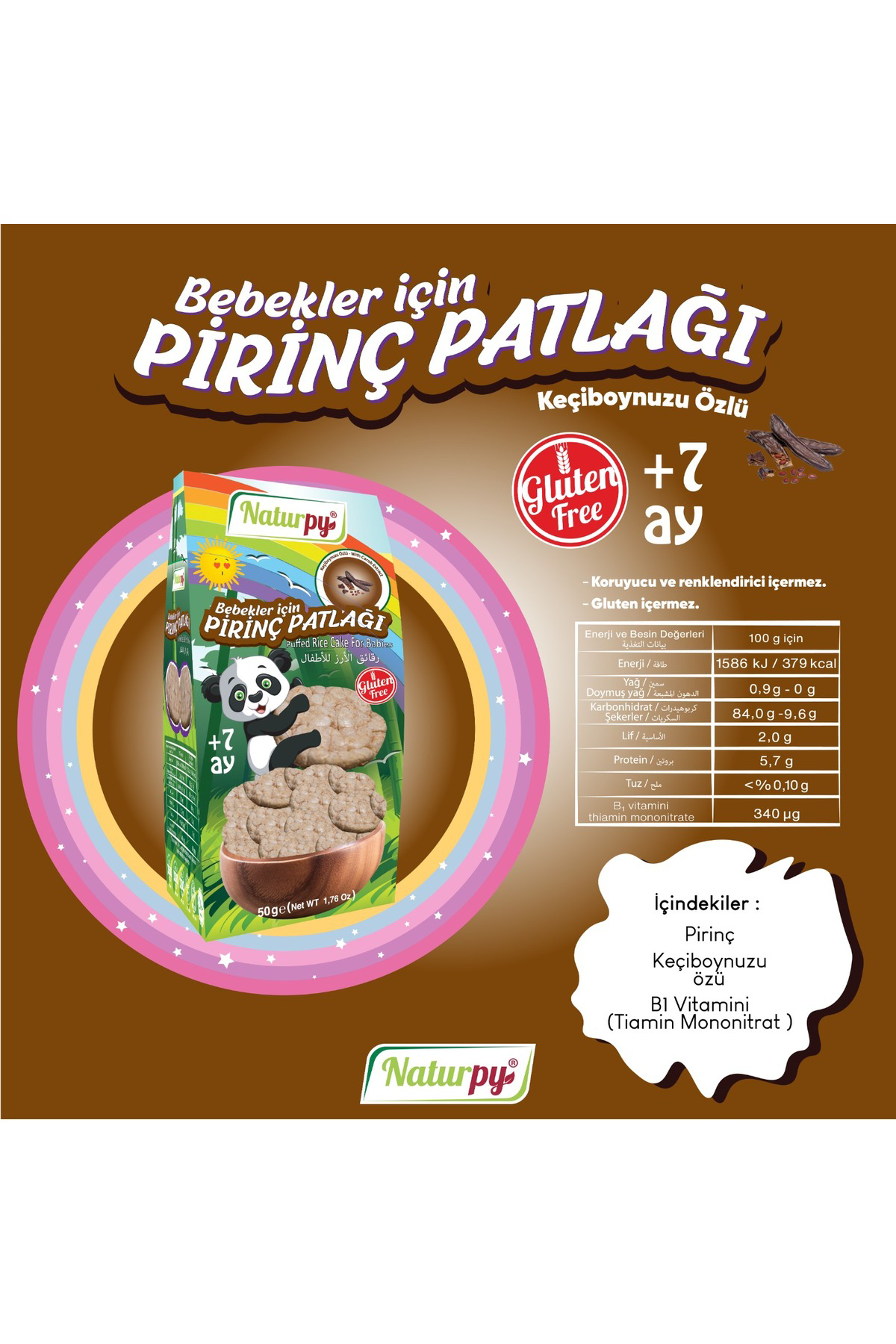 Glutensiz Bebekler İçin Pirinç Patlağı 50 g Keçiboynuzu Özlü