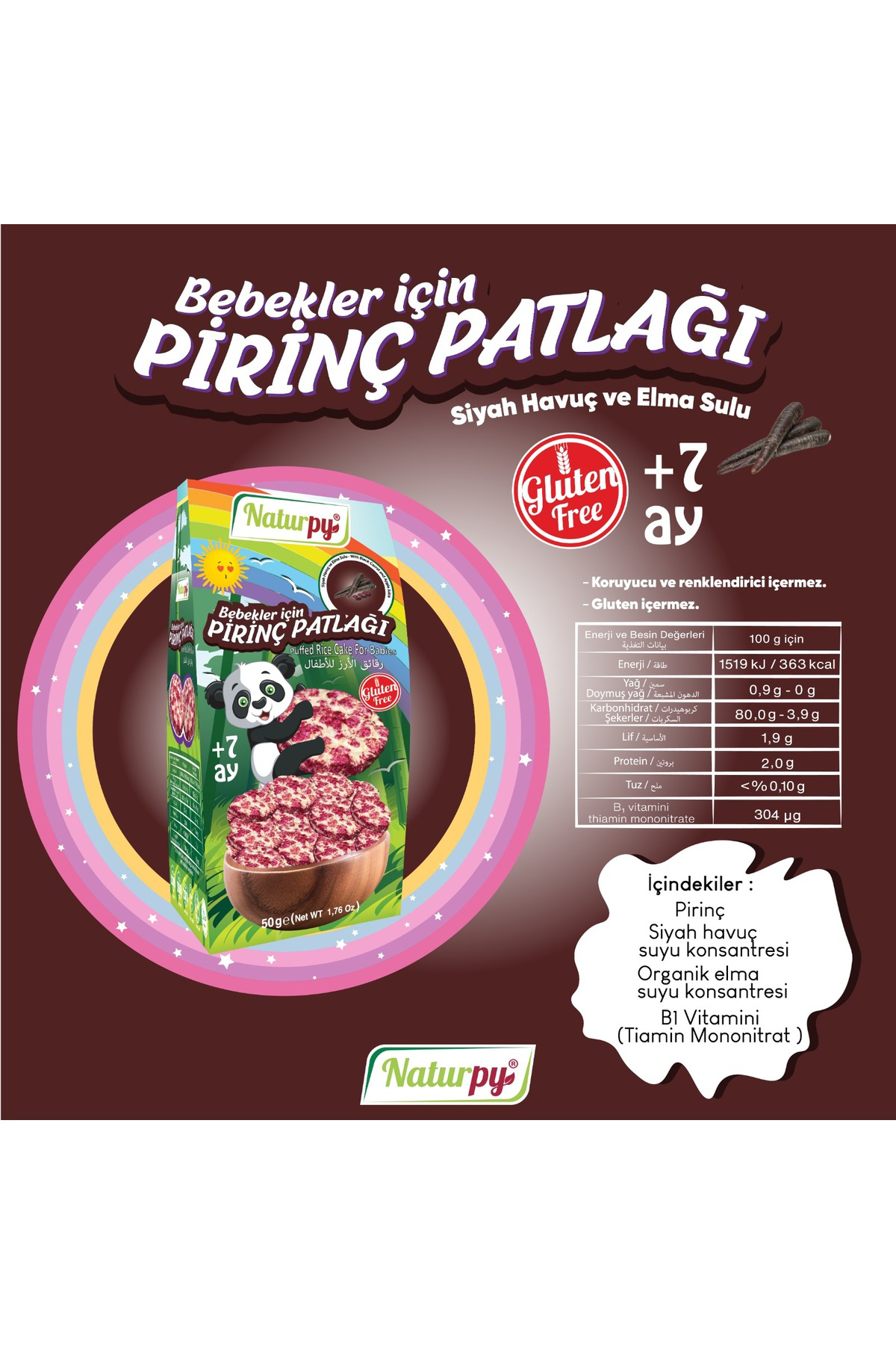 Glutensiz Bebekler İçin Pirinç Patlağı 50 g Siyah Havuç Ve Elma S