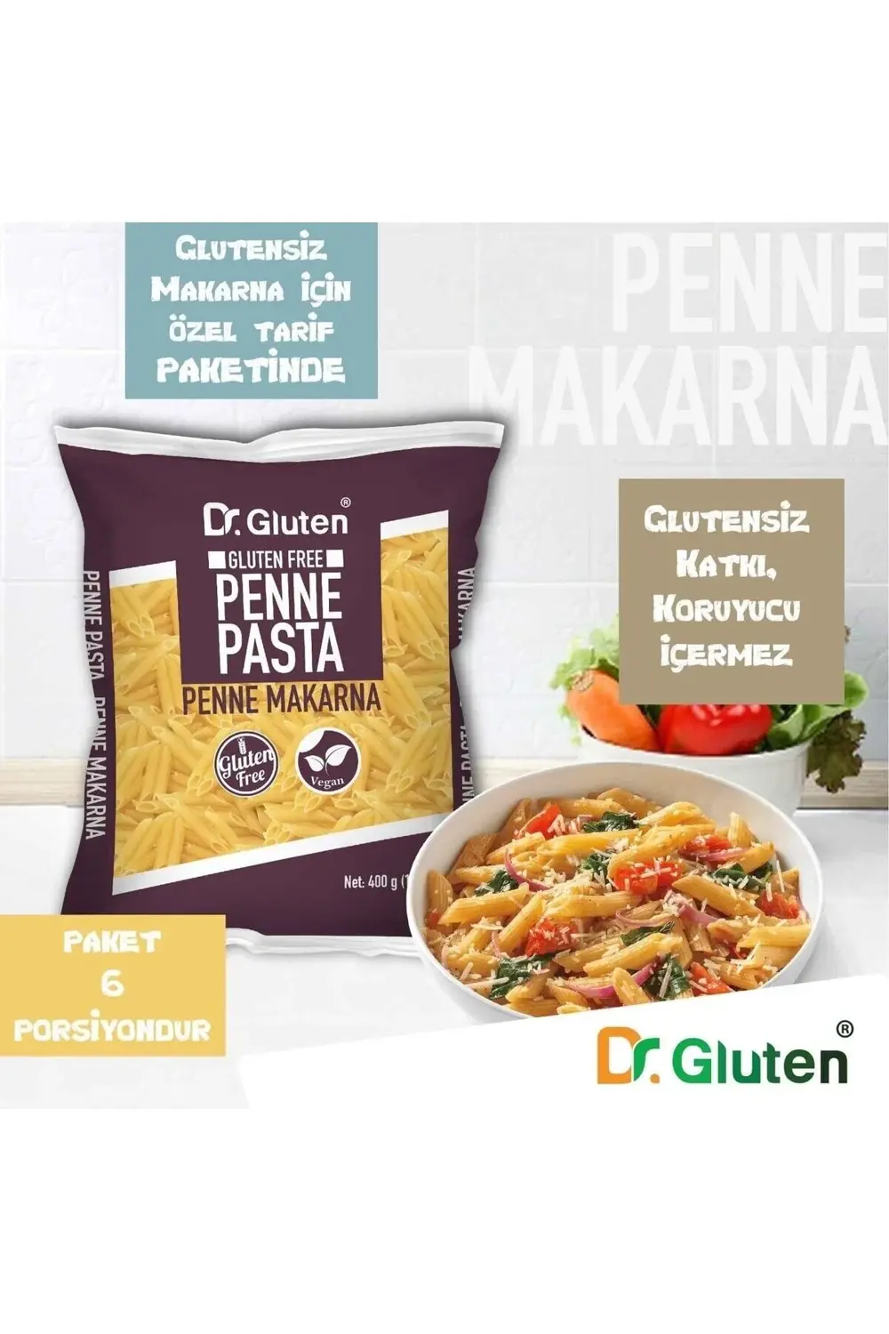 Dr.Gluten Glutensiz Boru Makarna 6'Lı Set (Penne) 400 Gr X 6 Adet