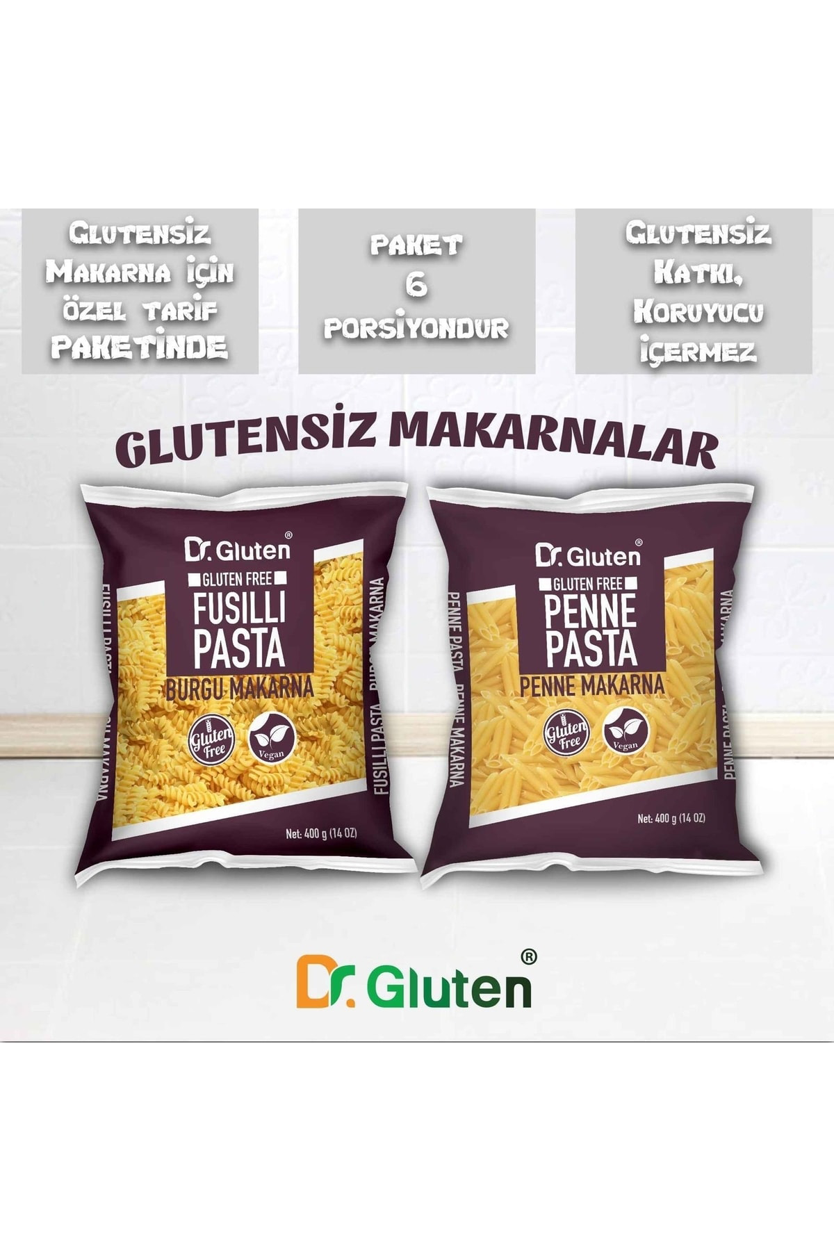 Dr.Gluten Glutensiz Burgu & Boru Makarnalar 400 Gr X 2 Adet (Penne & Fusill