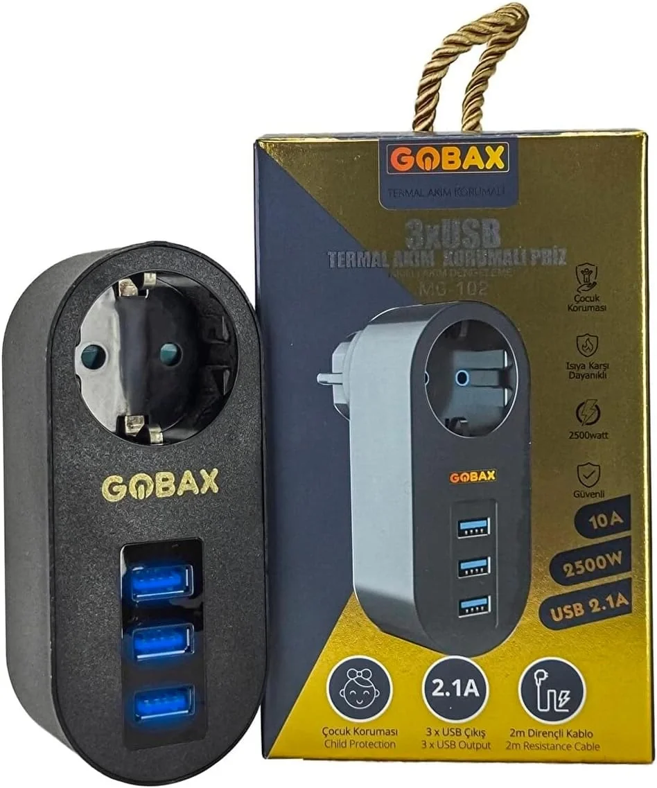 Gobax Termal Akım Korumalı Akıllı Priz 3xusb Li, Çocuk Korumalı, 