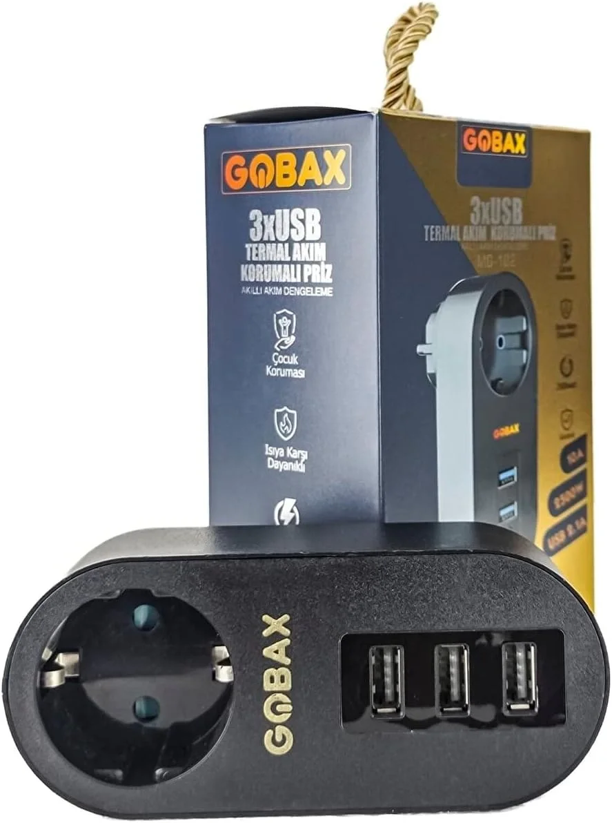Gobax Termal Akım Korumalı Akıllı Priz 3xusb Li, Çocuk Korumalı, 