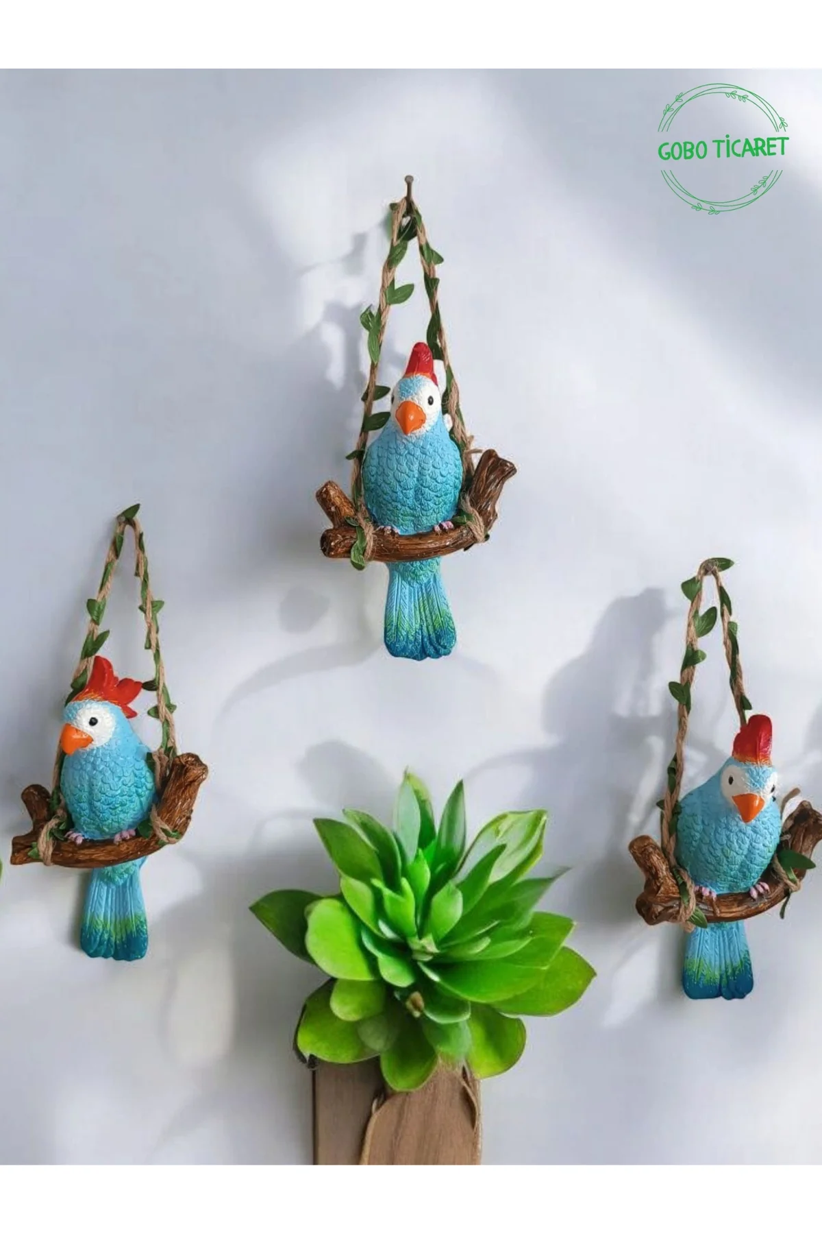 GoboTicaret 3 Adet Dekoratif Sallanan Duvar ve Bahçe Süsü Kuş Bib