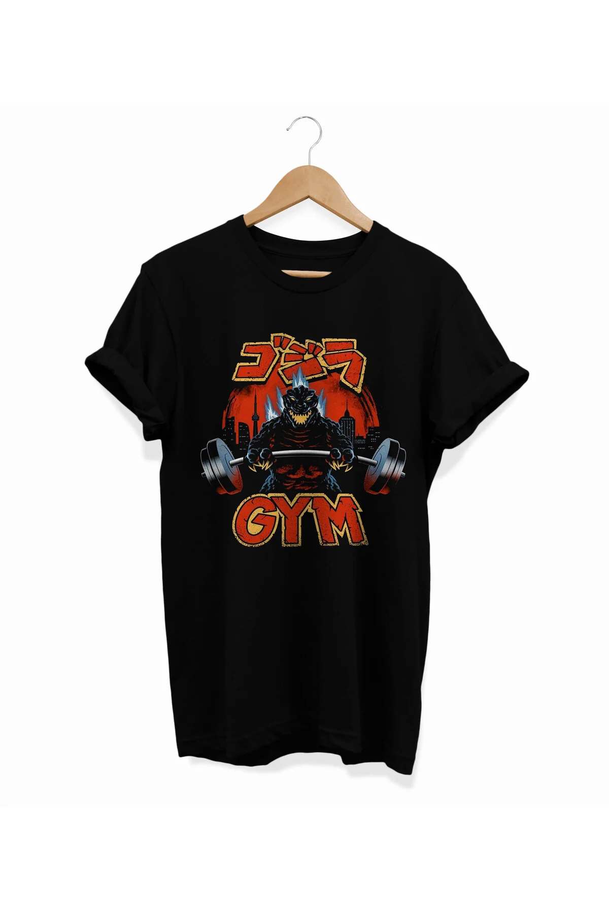 , GodzillaGym Baskılı, %100 Pamuk, Bisiklet Yaka, Oversize T-shirt, Büyük Beden Tişört