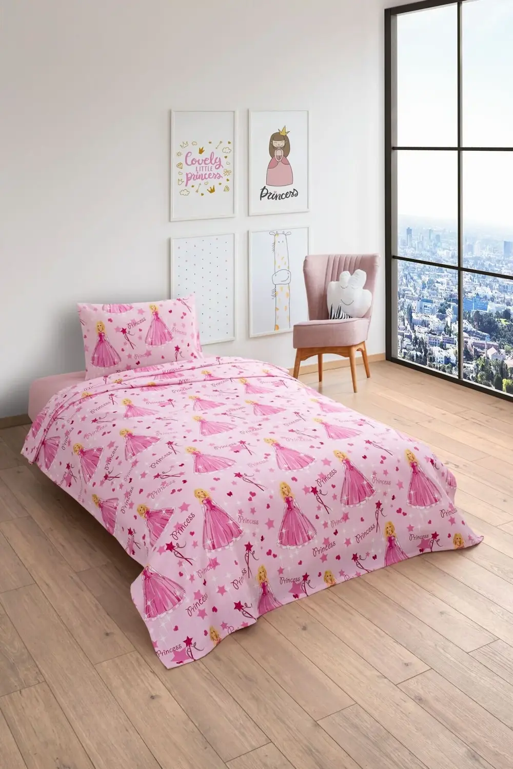 Gofret Detaylı Prenses Baskılı Çocuk-Genç Odası Tek Kişilik Pike