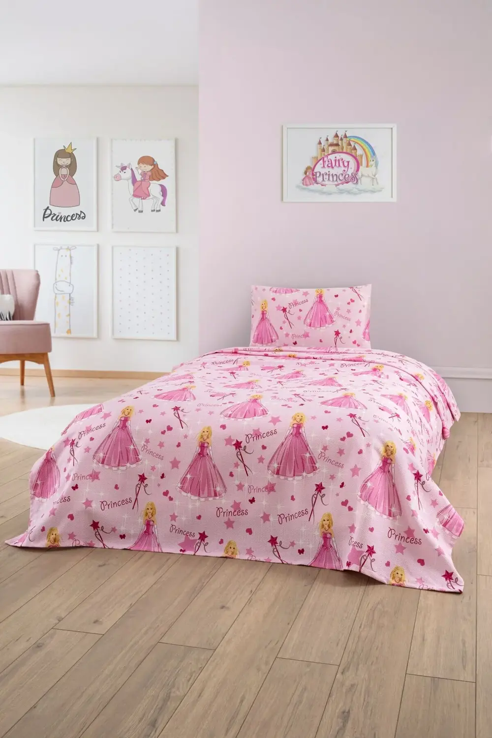 Gofret Detaylı Prenses Baskılı Çocuk-Genç Odası Tek Kişilik Pike