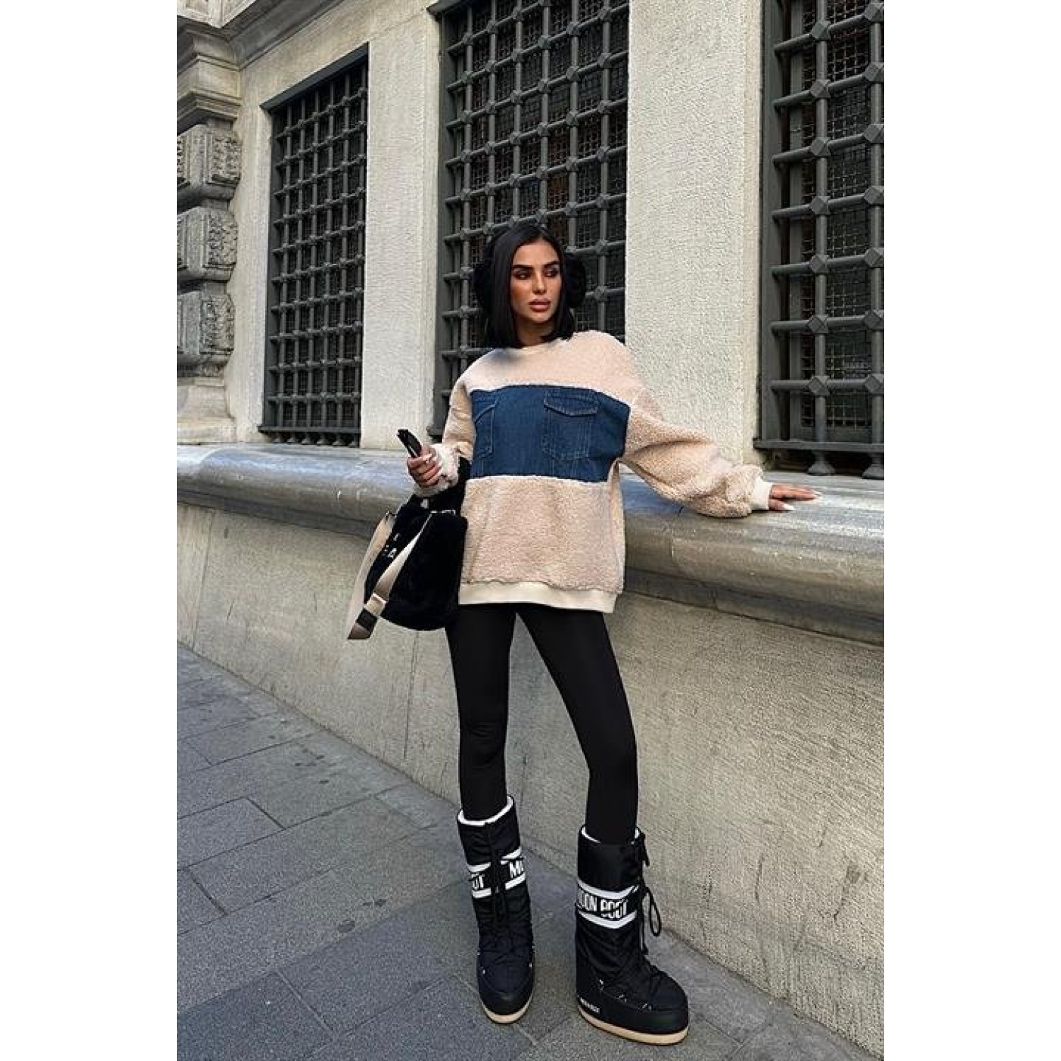 Göğsü Denim Garnili Sweatshirt