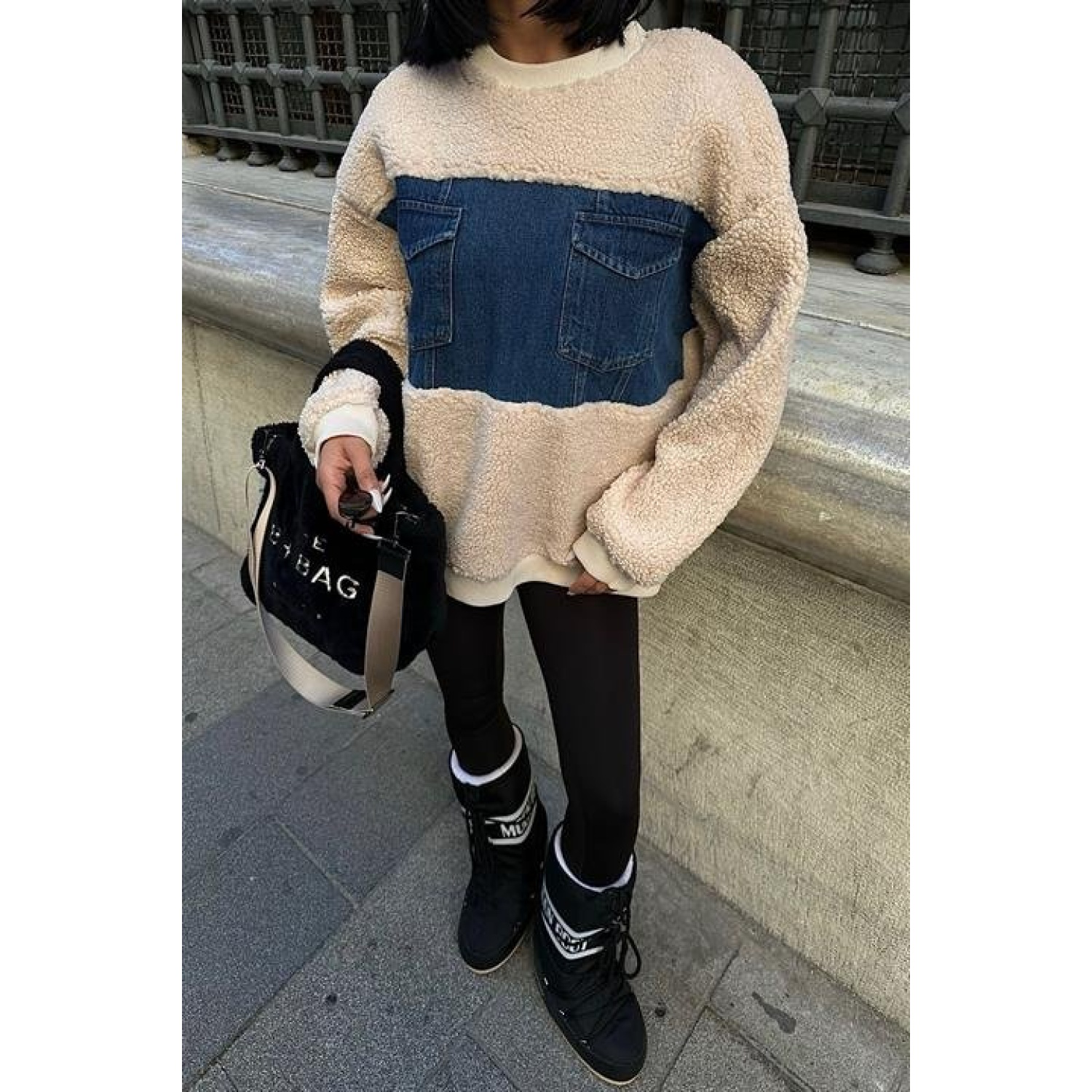 Göğsü Denim Garnili Sweatshirt
