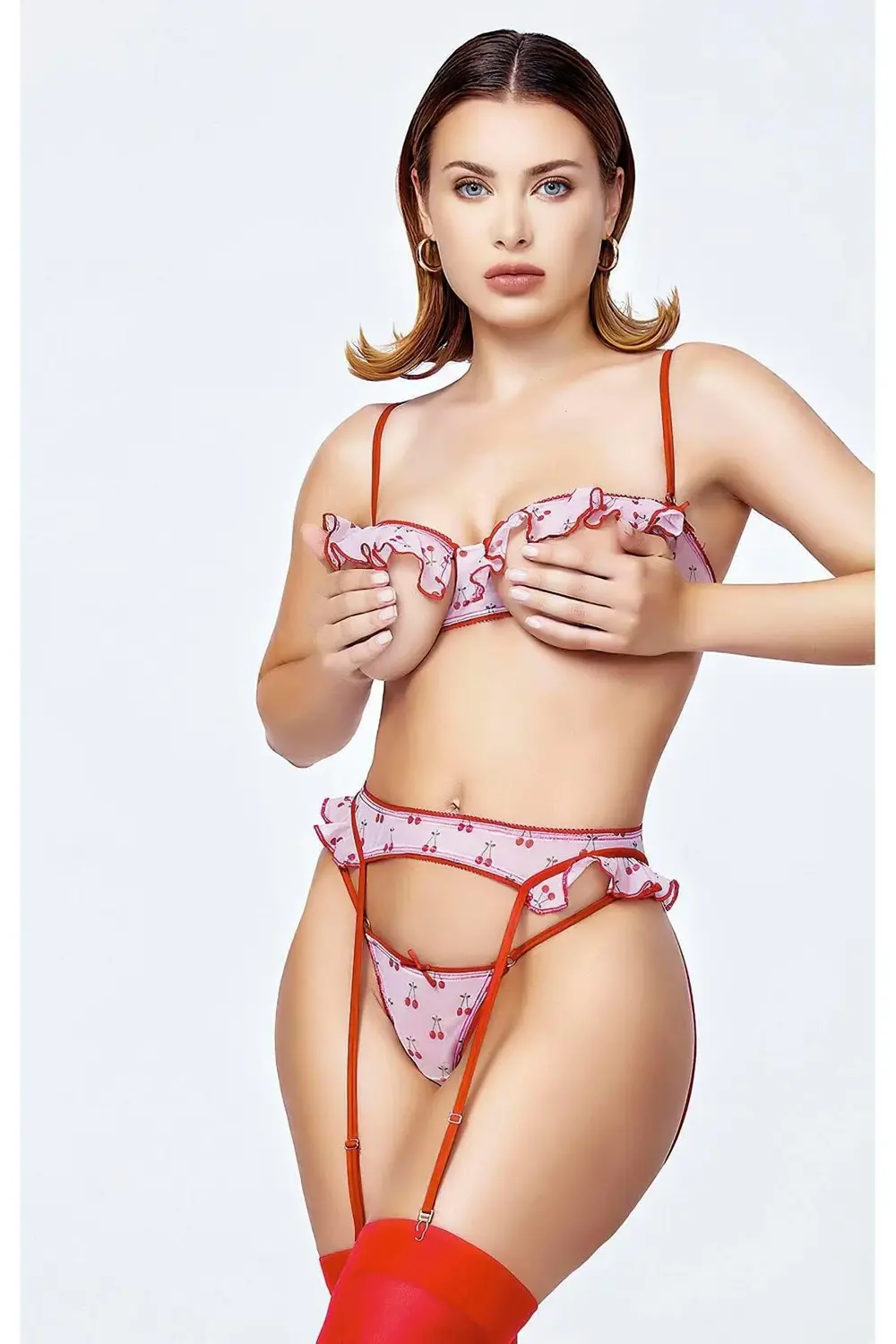 Göğüs Bölgesi Açık Kiraz Desenli Fantezi Jartiyer Takım