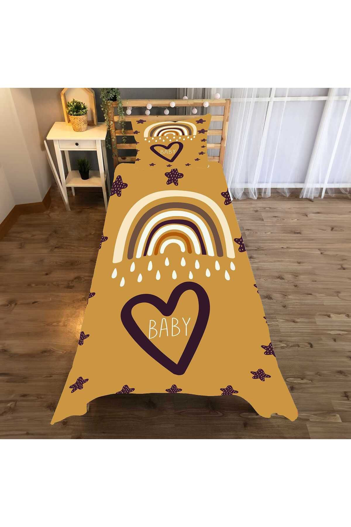 Evan Home Gökkuşaği Desen Çocuk Odası Takım Perde (İki Kanat),Yatak Örtüsü,Yastık,Kırlent ,Halı,