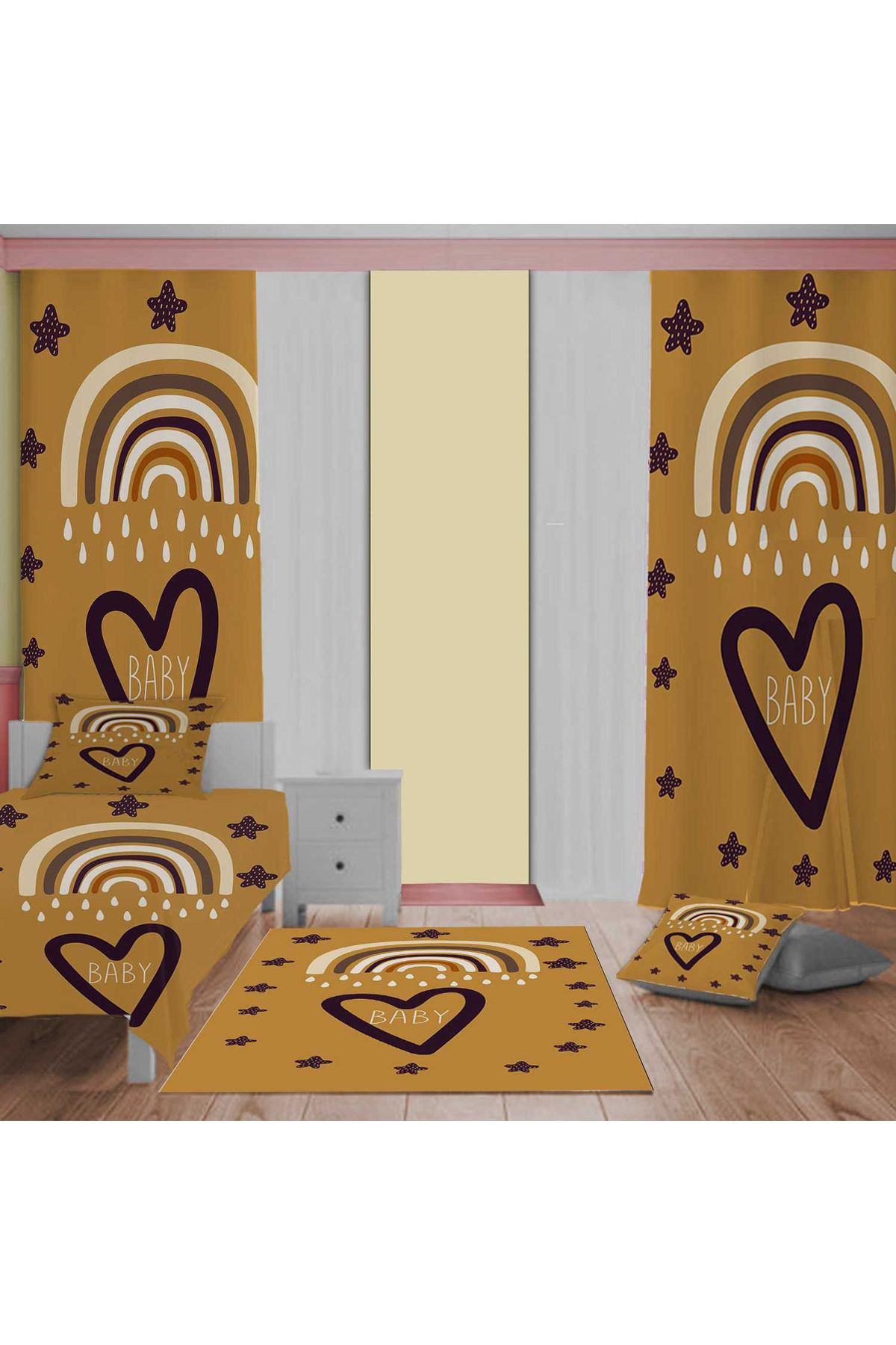 Evan Home Gökkuşaği Desen Çocuk Odası Takım Perde (İki Kanat),Yatak Örtüsü,Yastık,Kırlent ,Halı,