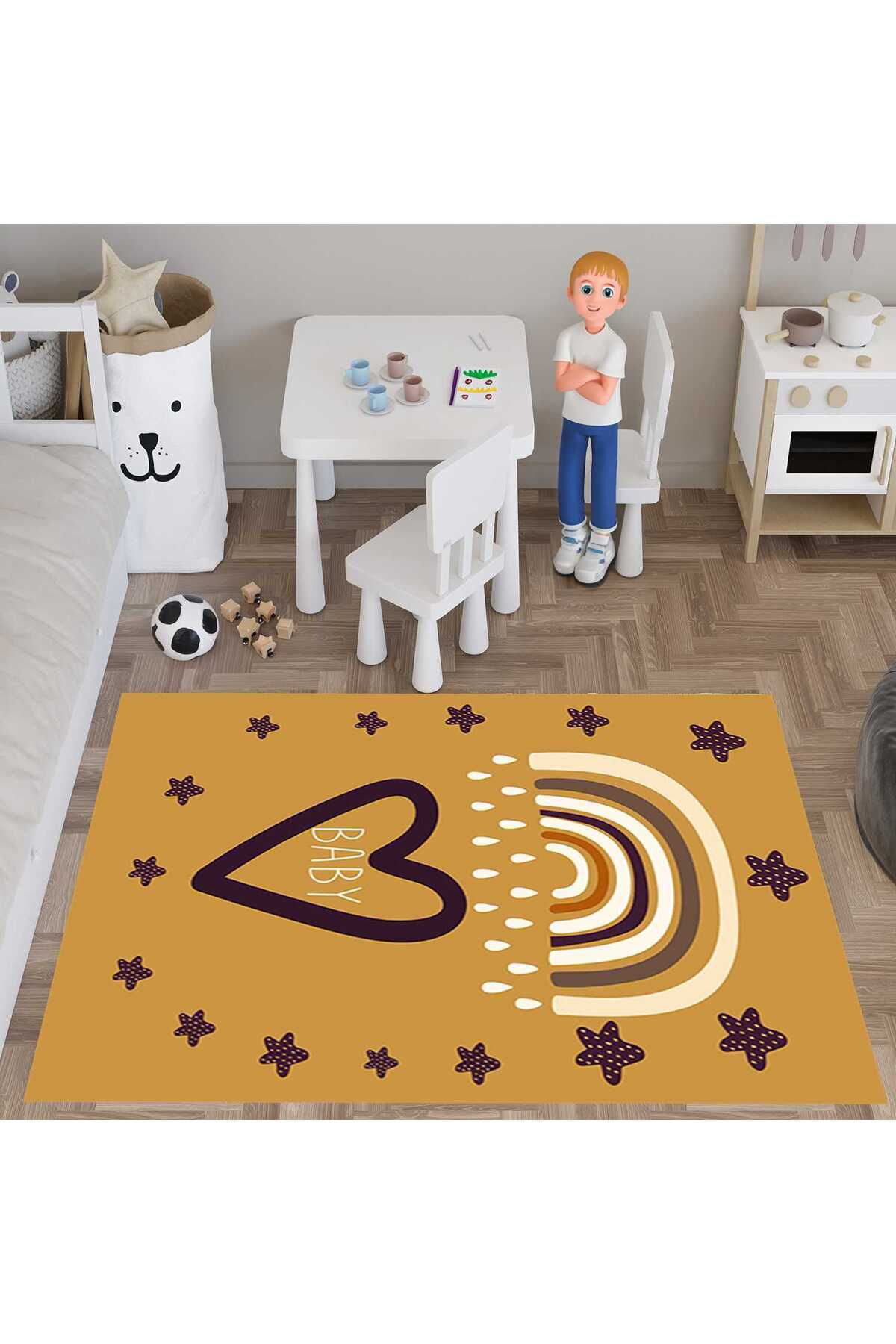 Evan Home Gökkuşaği Desen Çocuk Odası Takım Perde (İki Kanat),Yatak Örtüsü,Yastık,Kırlent ,Halı,