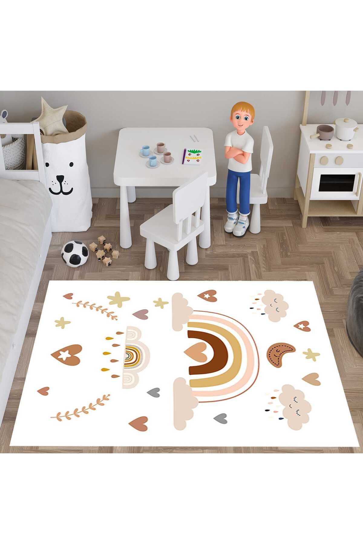 Evan Home Gökkuşaği Desen Çocuk Odası Takım Perde (İki Kanat),Yatak Örtüsü,Yastık,Kırlent ,Halı,