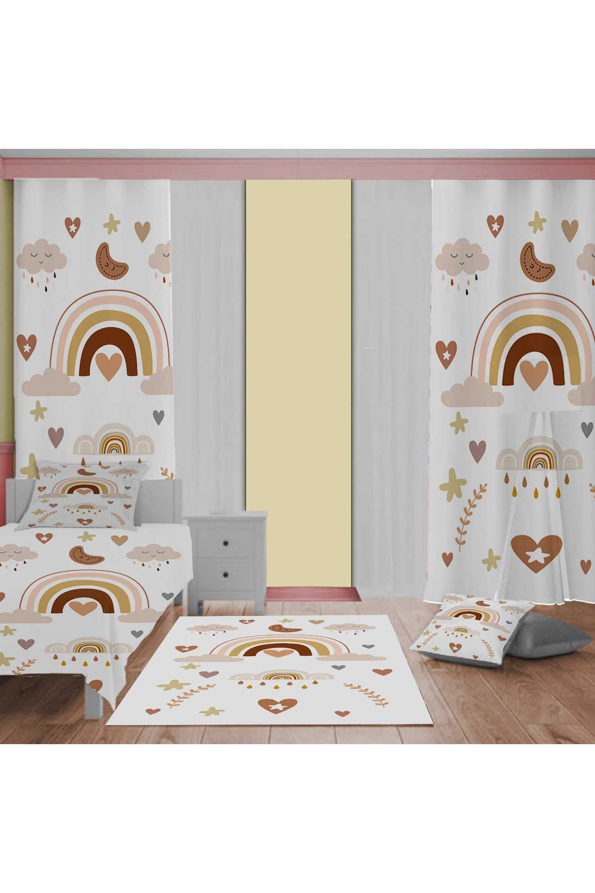 Evan Home Gökkuşaği Desen Çocuk Odası Takım Perde (İki Kanat),Yatak Örtüsü,Yastık,Kırlent ,Halı,