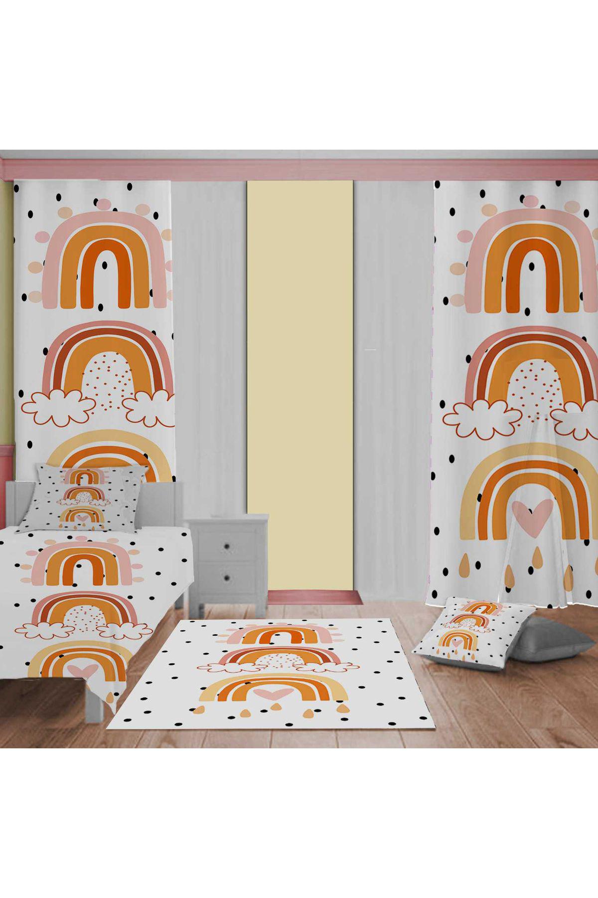 Evan Home Gökkuşağı  Desen Çocuk Odası Takım Perde (İki Kanat),Yatak Örtüsü,Yastık,Kırlent ,Halı,