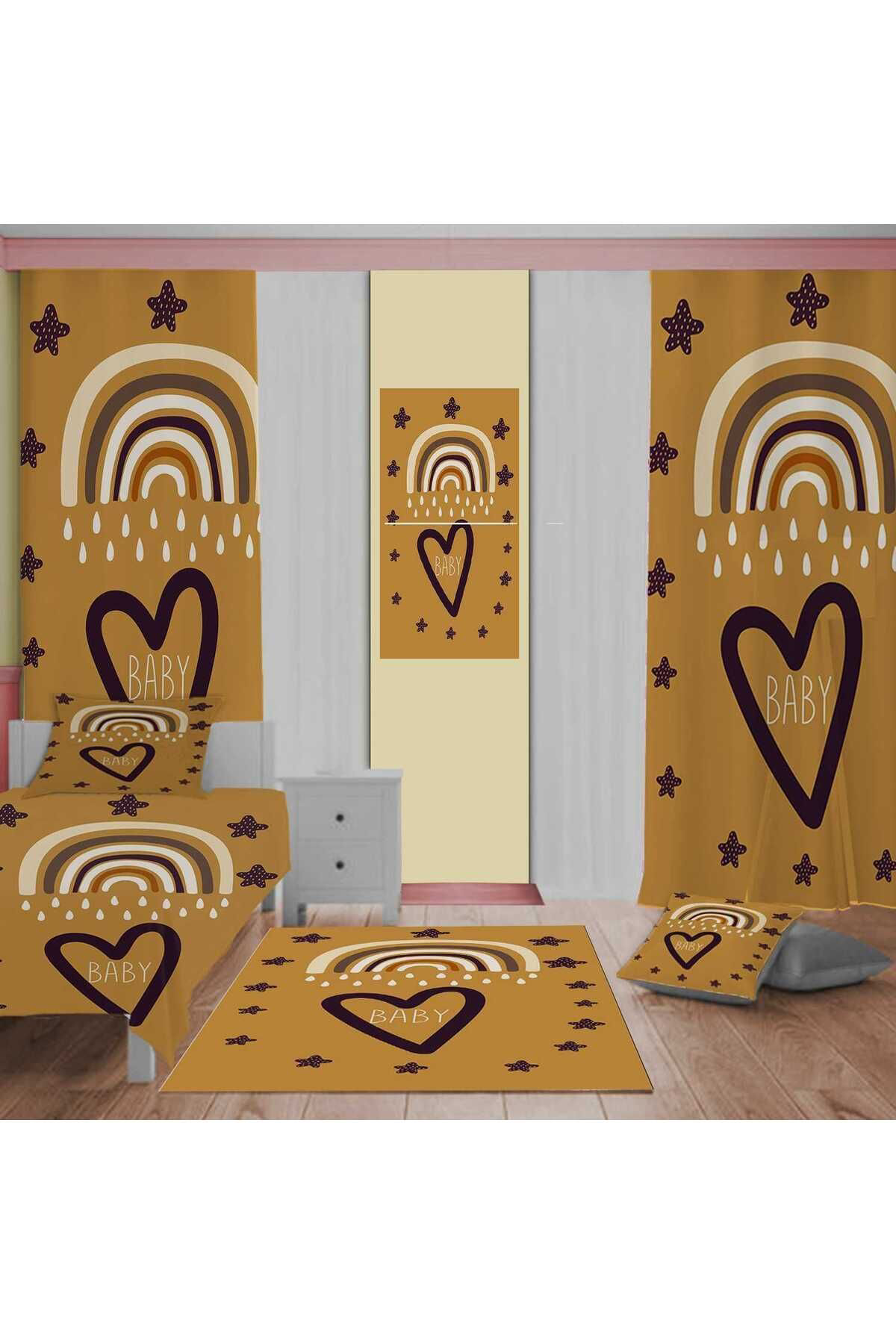 Evan Home Gökkuşaği Desen Çocuk Odası Takım Perde (İki Kanat),Yatak Örtüsü,Yastık,Kırlent ,Halı,Tablo