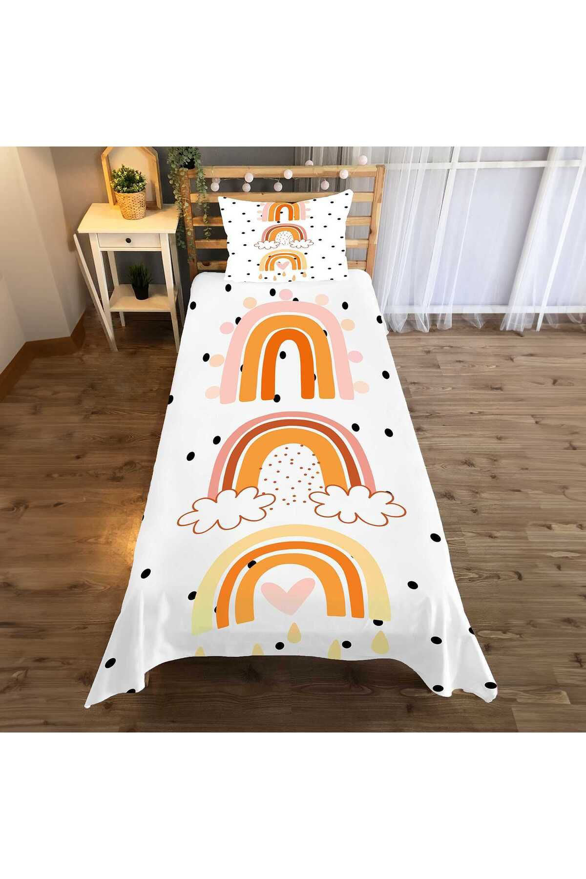 Evan Home Gökkuşağı  Desen Çocuk Odası Takım Perde (İki Kanat),Yatak Örtüsü,Yastık,Kırlent ,Halı,