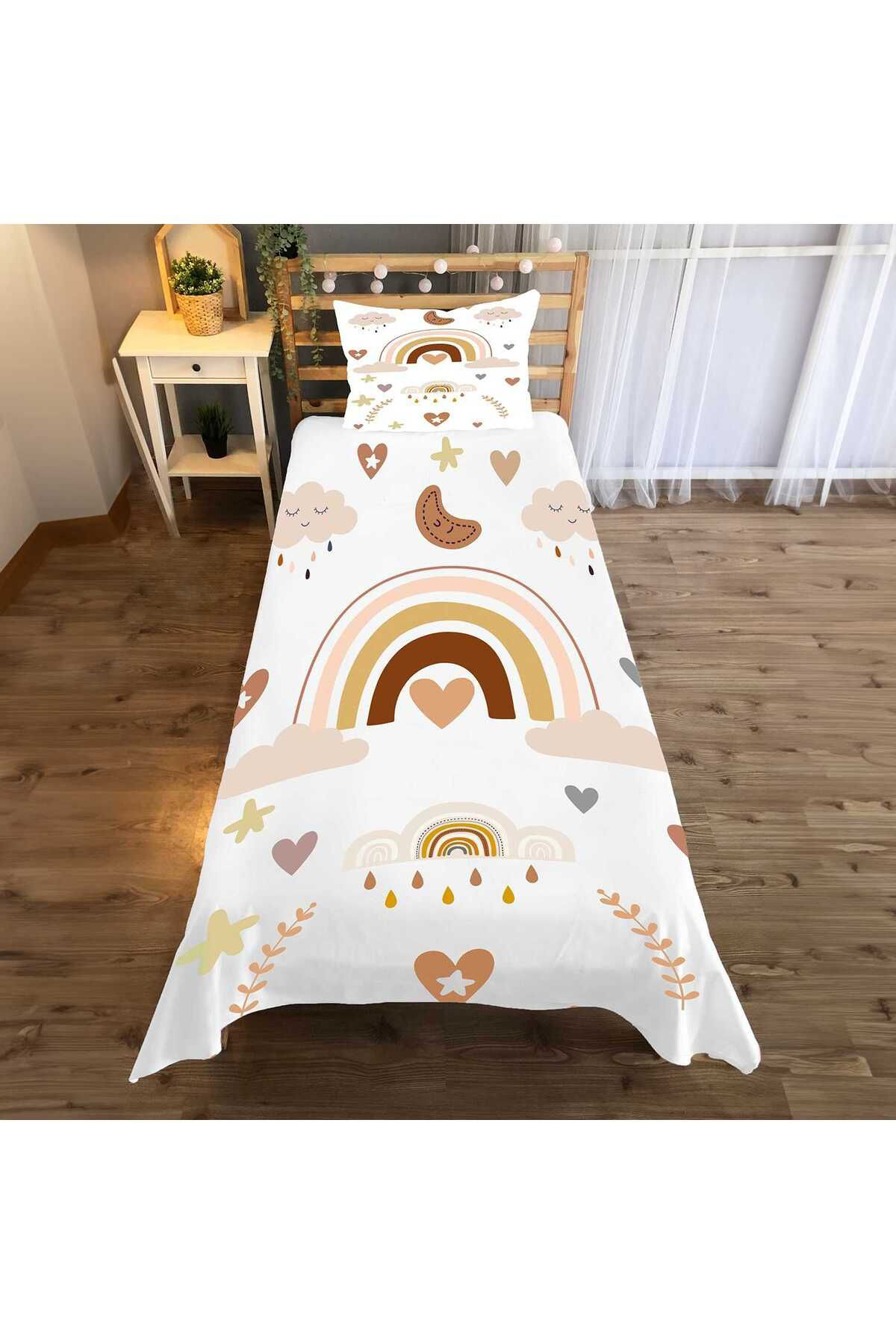 Evan Home Gökkuşaği Desen Çocuk Odası Takım Perde (İki Kanat),Yatak Örtüsü,Yastık,Kırlent ,Halı,