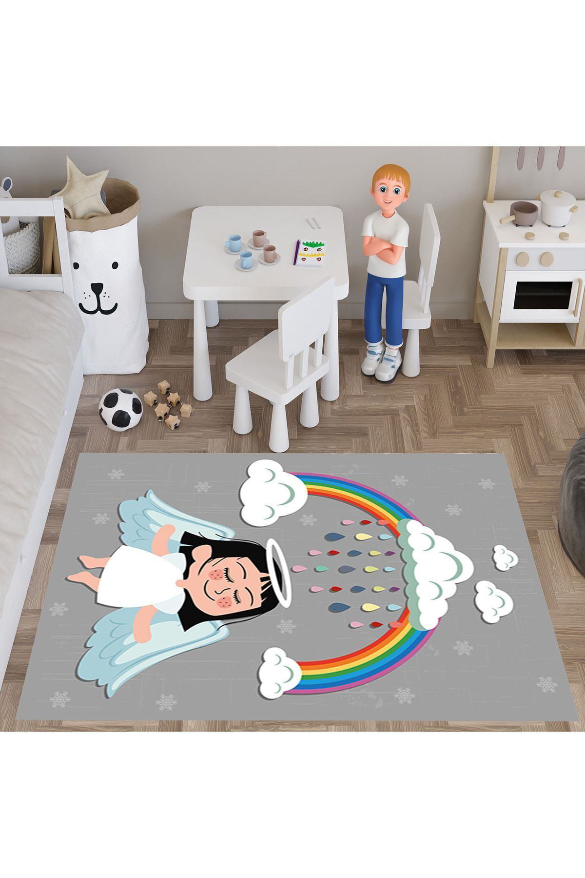 Evan Home Gökkuşaği Kizi Desenli Çocuk Odasi Takim Perde (İki Kanat),Yatak Örtüsü,Yastik,Kirlent ,Hali,Tablo